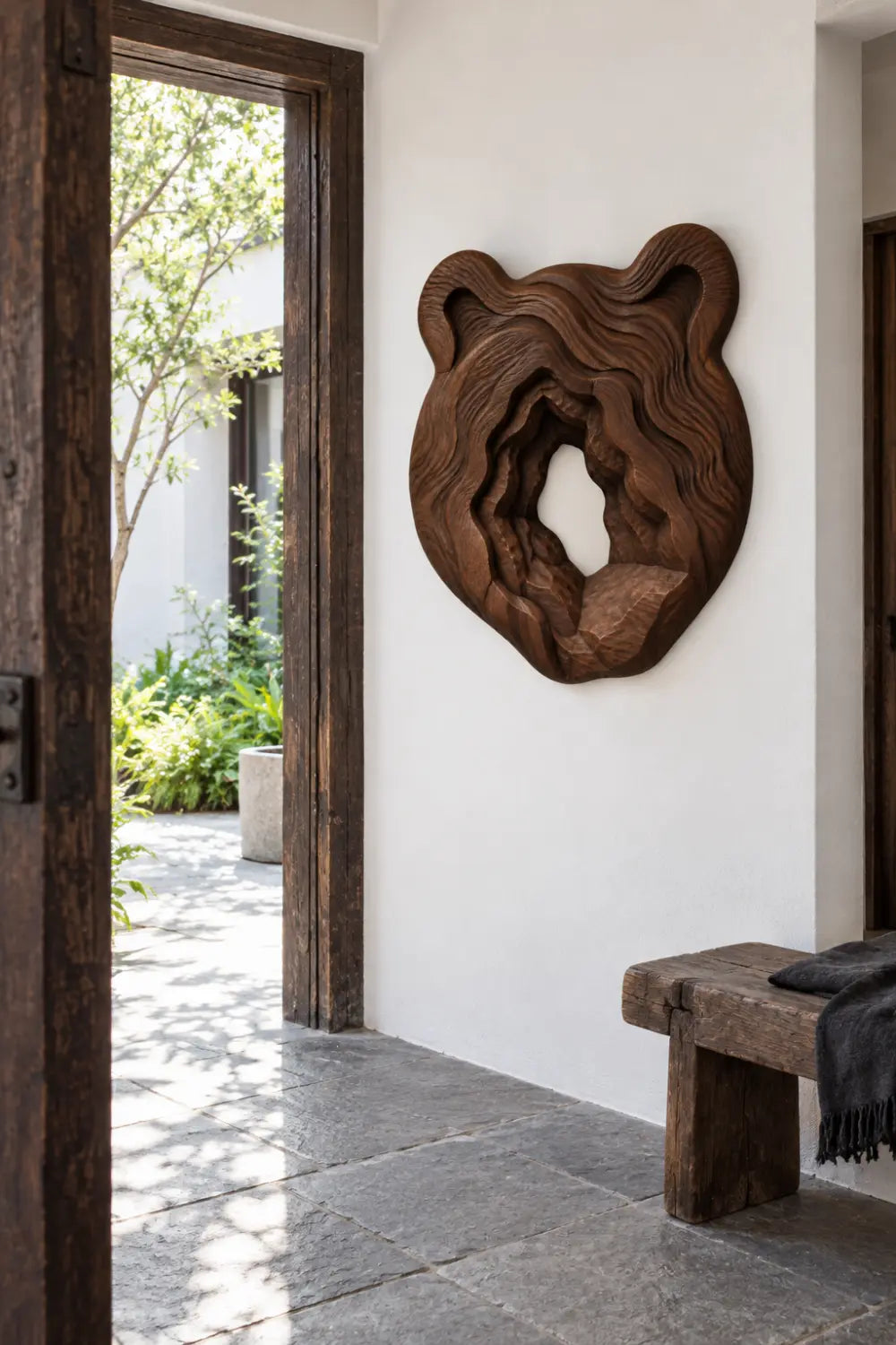 Carved Wooden Bear Head Wall Sculpture | Rustic Layered Wildlife Relief Decor