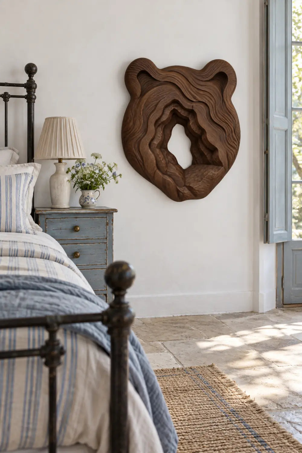 Carved Wooden Bear Head Wall Sculpture | Rustic Layered Wildlife Relief Decor