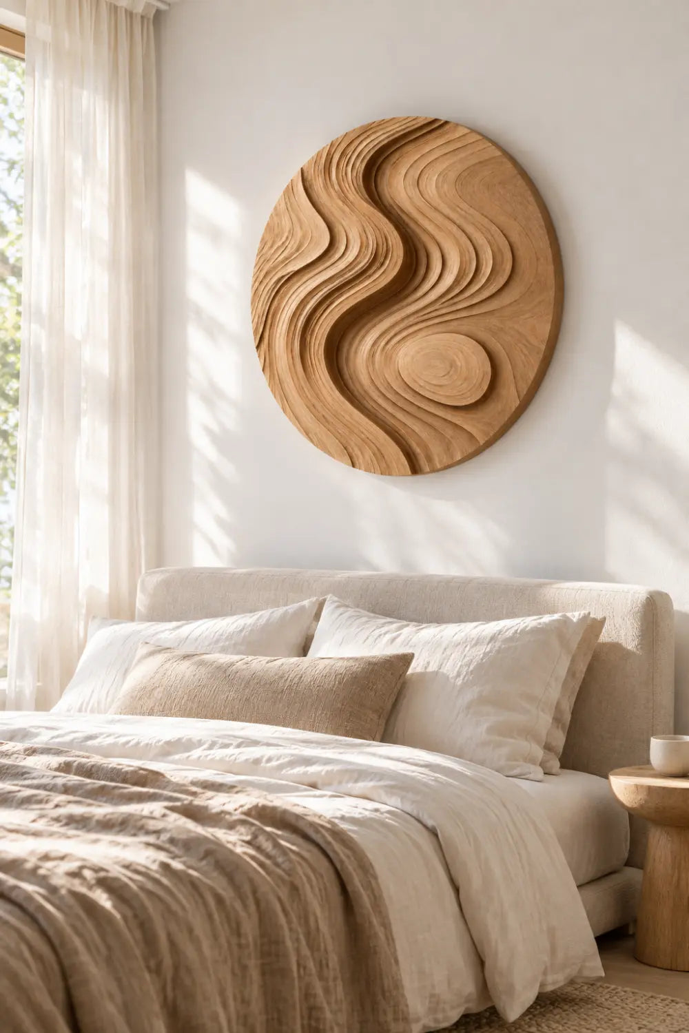 Zen Circular Wood Wall Art Sculpture | Flowing Contour Relief Decor Plaque