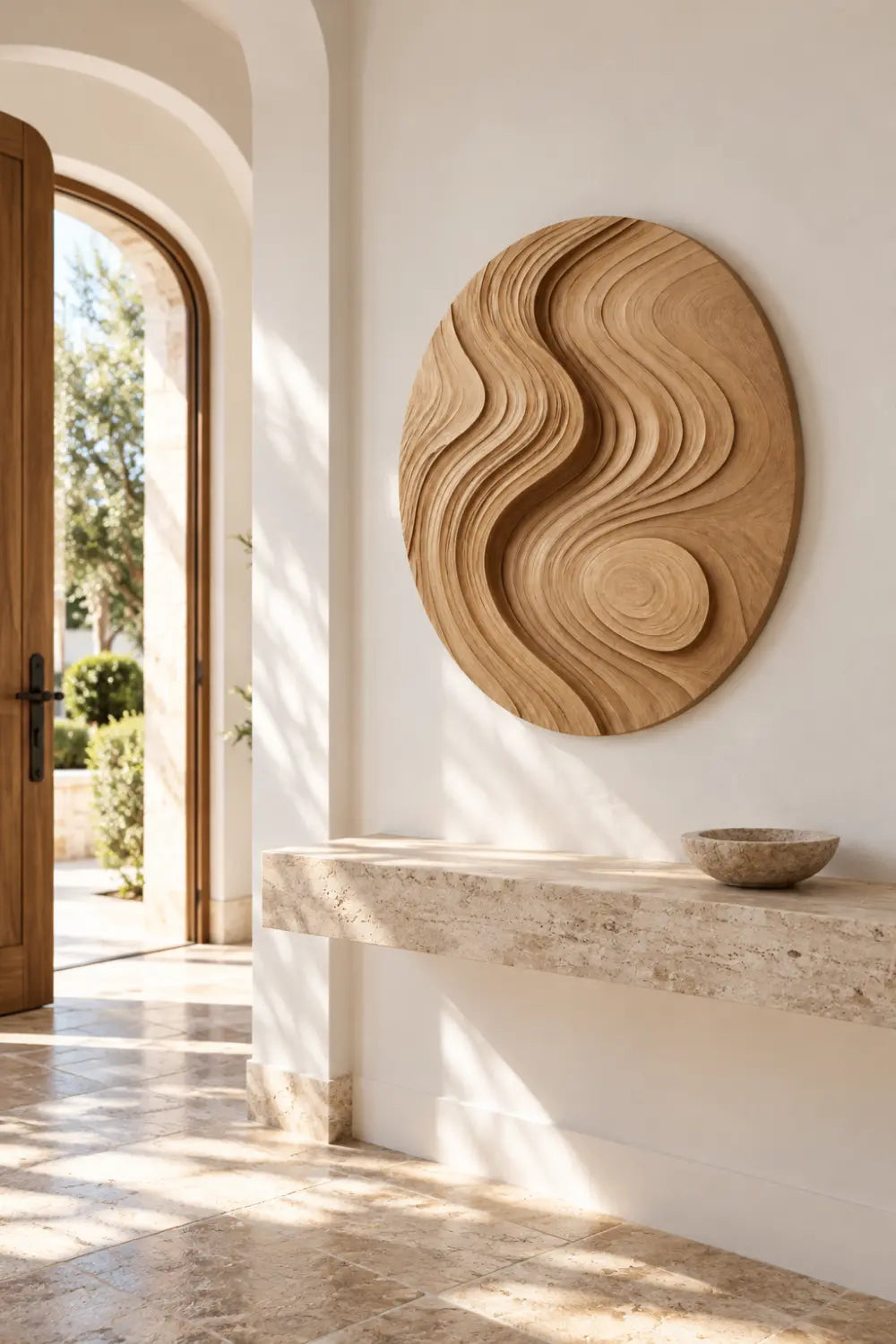 Zen Circular Wood Wall Art Sculpture | Flowing Contour Relief Decor Plaque