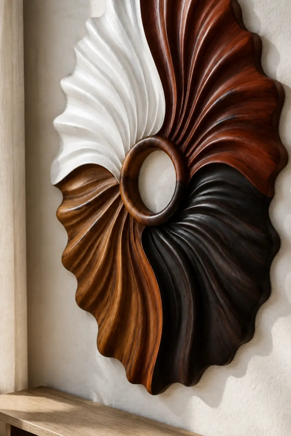 Multi-Tone Wooden Oval Wall Sculpture | Dual Color Sunburst Relief Decor