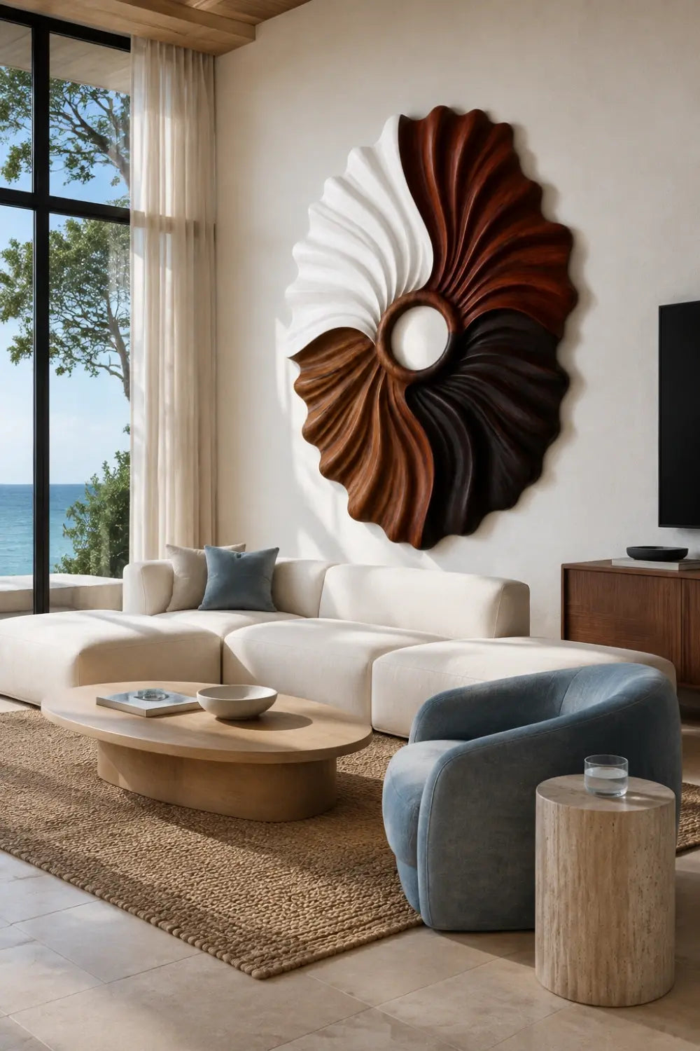 Multi-Tone Wooden Oval Wall Sculpture | Dual Color Sunburst Relief Decor
