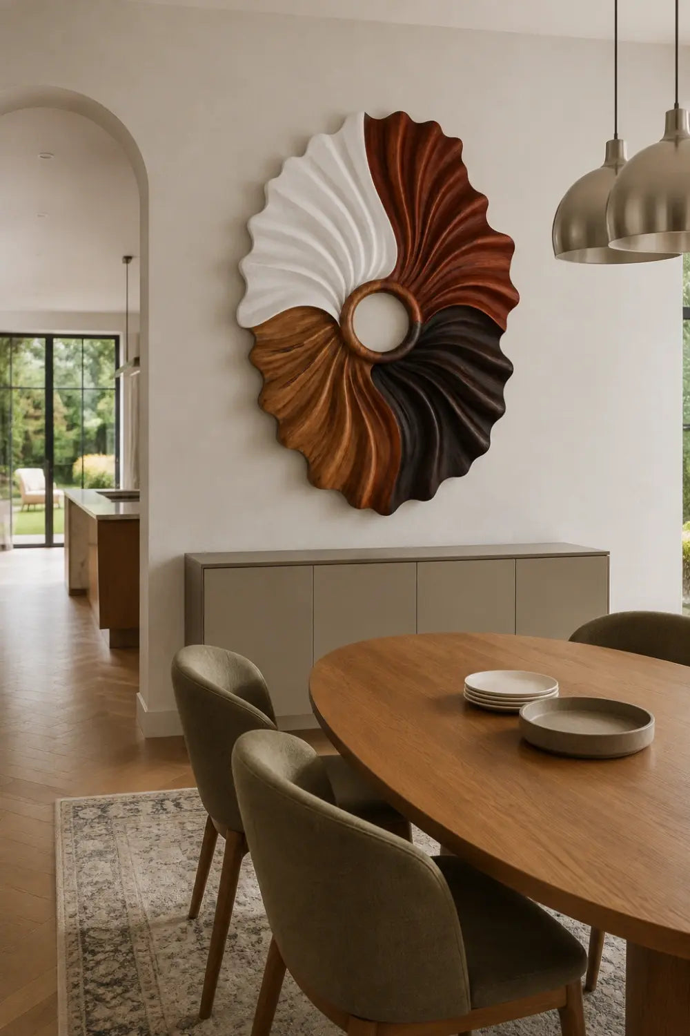 Multi-Tone Wooden Oval Wall Sculpture | Dual Color Sunburst Relief Decor