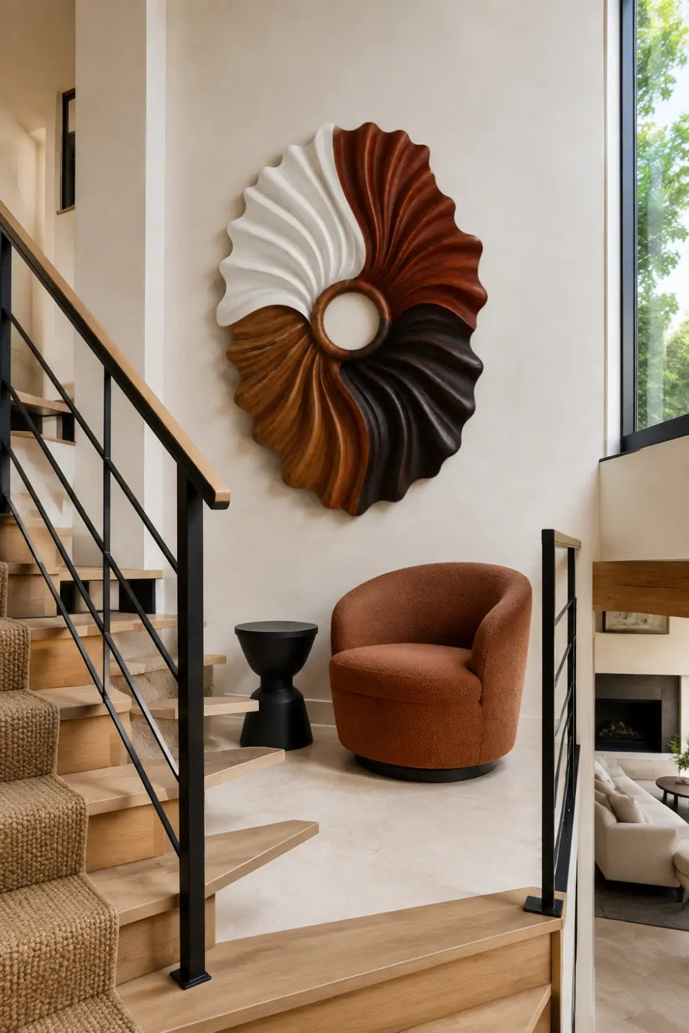 Multi-Tone Wooden Oval Wall Sculpture | Dual Color Sunburst Relief Decor