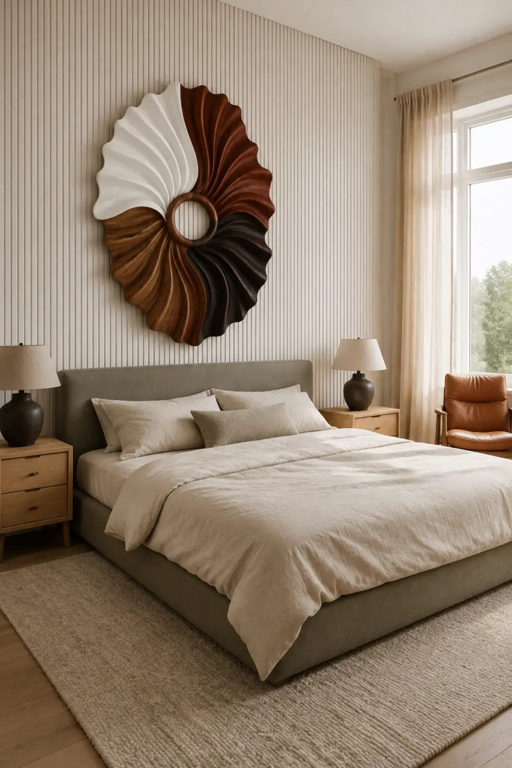 Multi-Tone Wooden Oval Wall Sculpture | Dual Color Sunburst Relief Decor