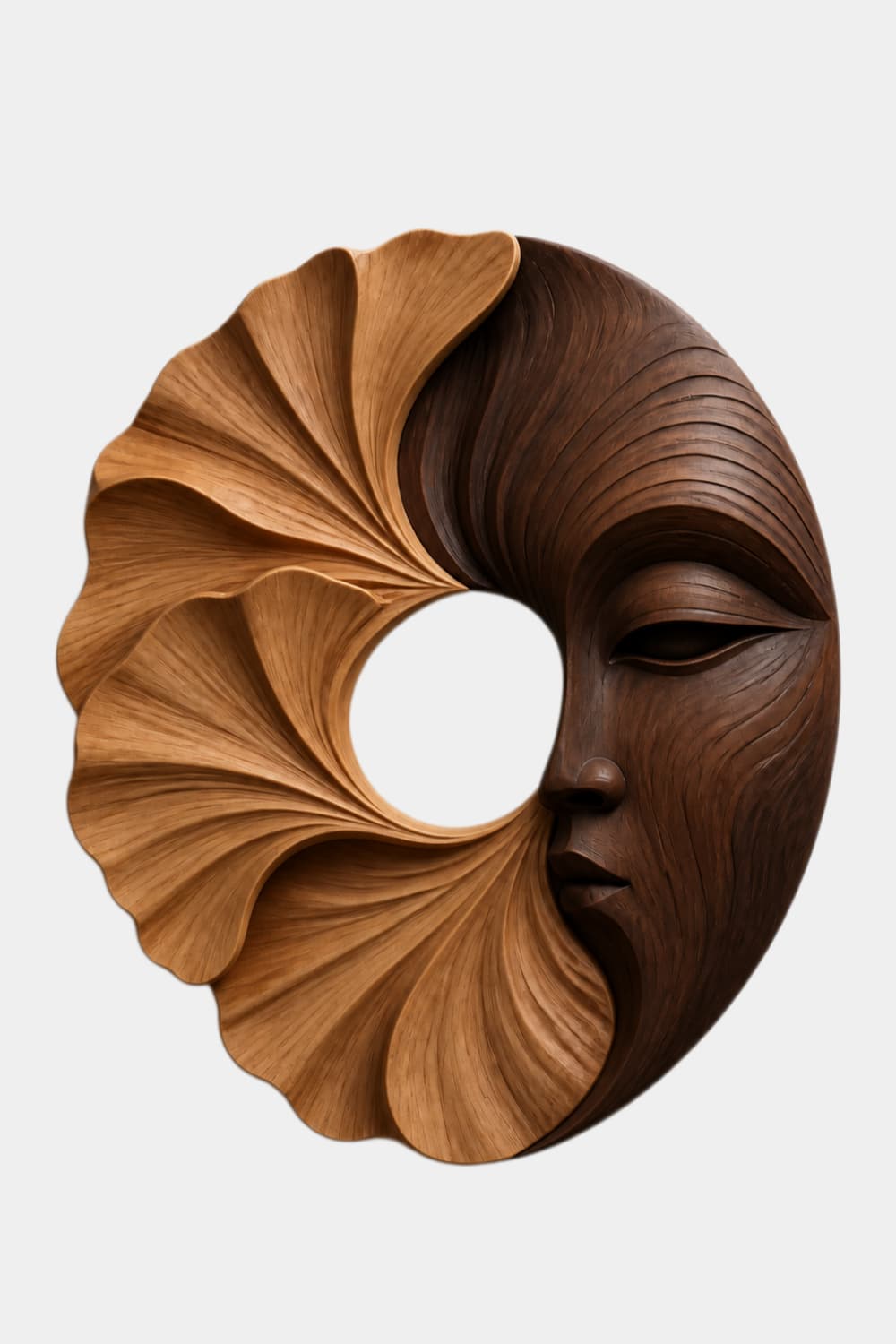 Carved Wooden Floral Face Wall Sculpture | Two-Tone Circular Relief Decor