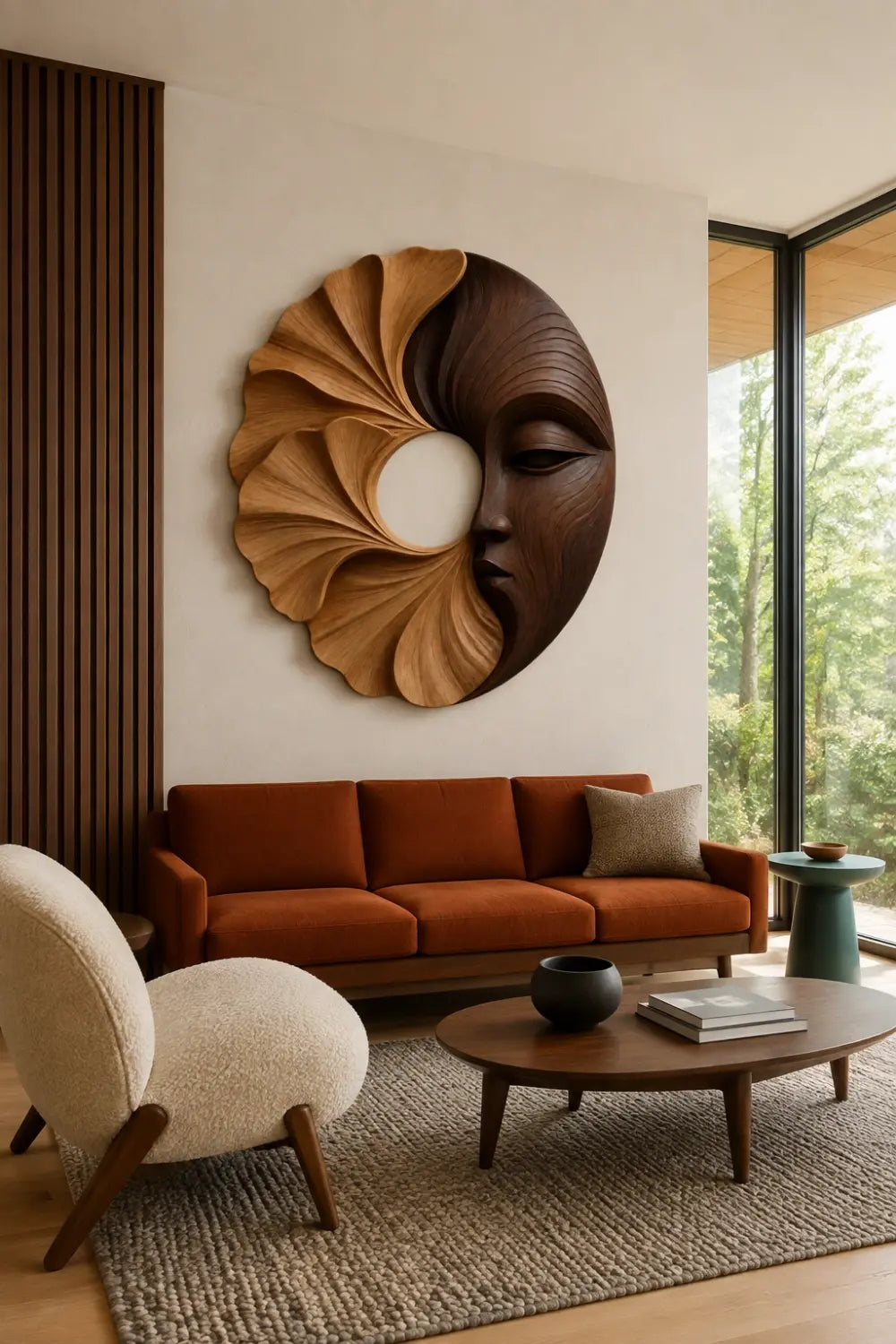 Carved Wooden Floral Face Wall Sculpture | Two-Tone Circular Relief Decor