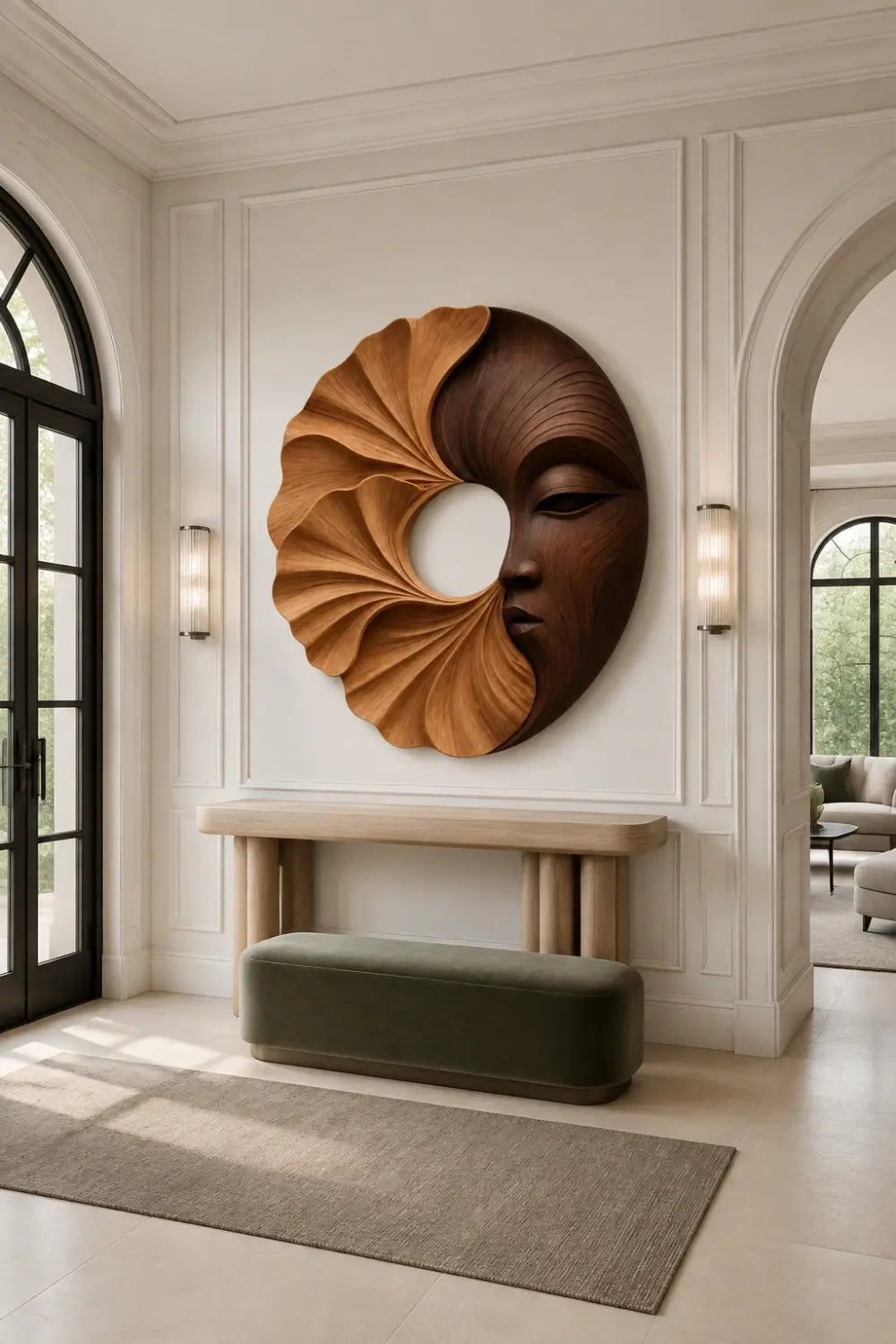 Carved Wooden Floral Face Wall Sculpture | Two-Tone Circular Relief Decor