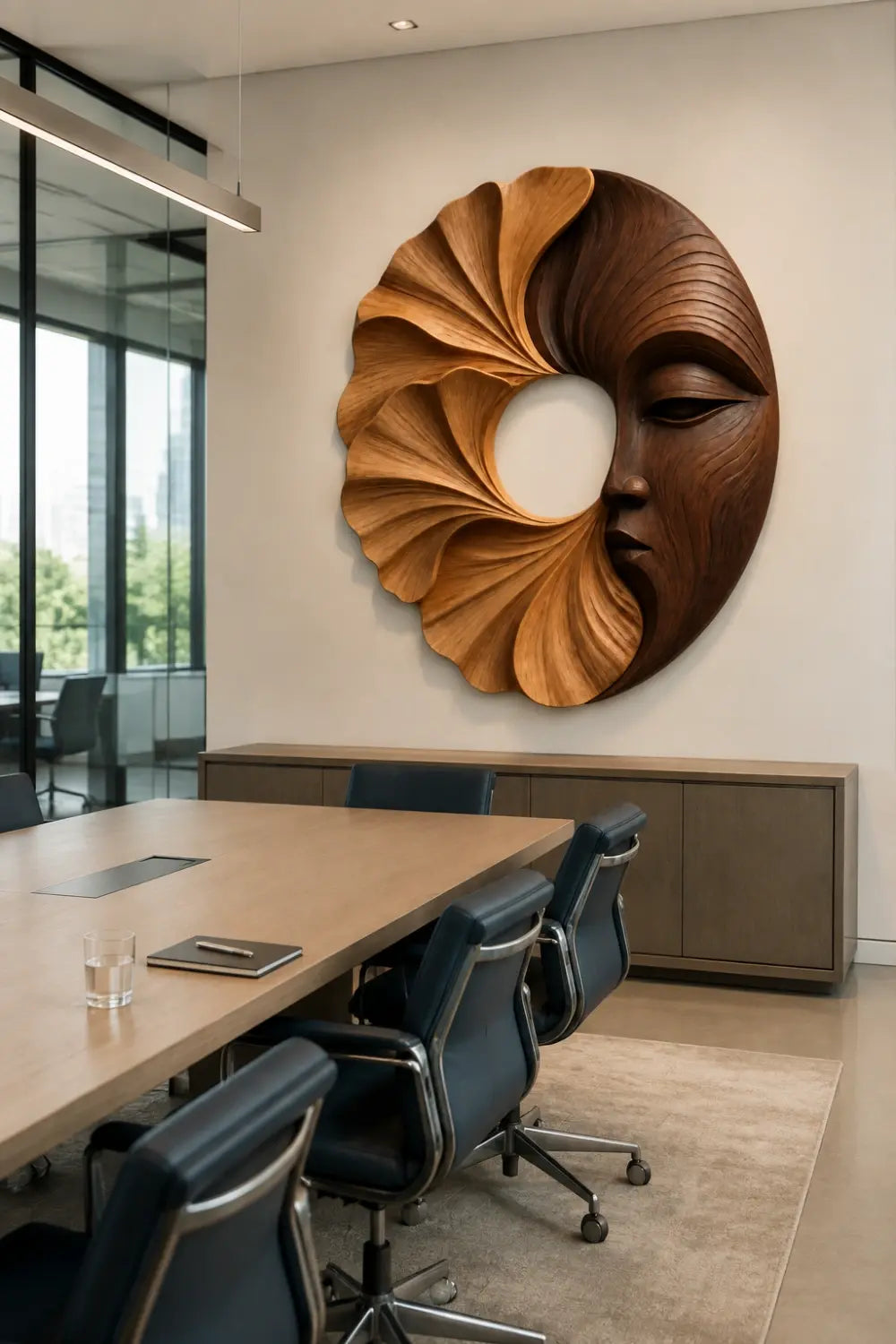 Carved Wooden Floral Face Wall Sculpture | Two-Tone Circular Relief Decor