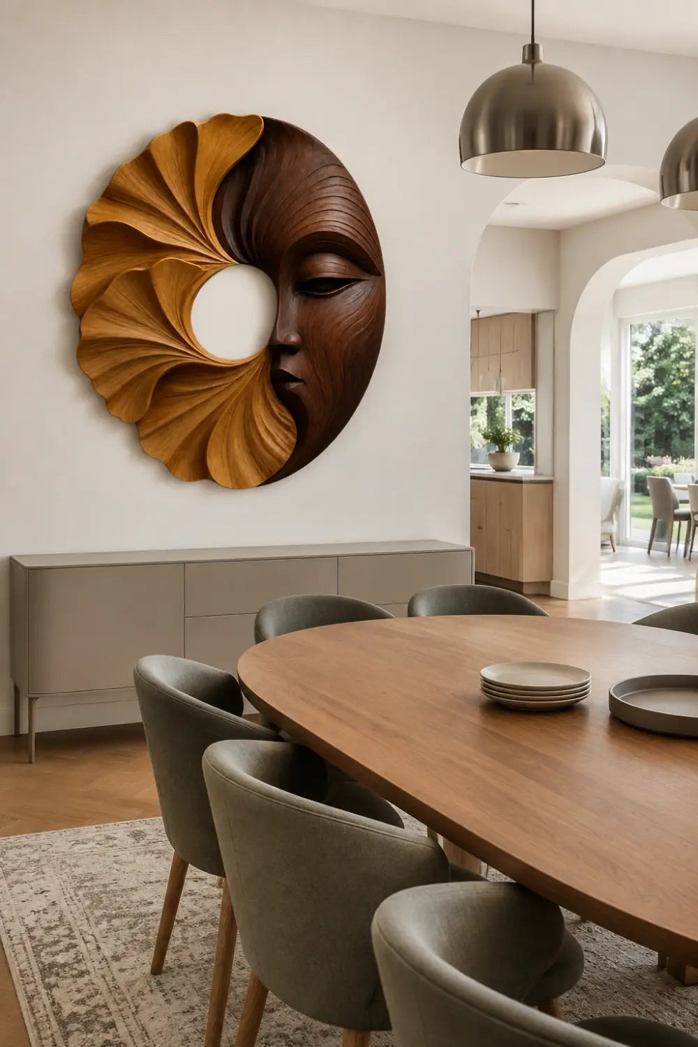 Carved Wooden Floral Face Wall Sculpture | Two-Tone Circular Relief Decor