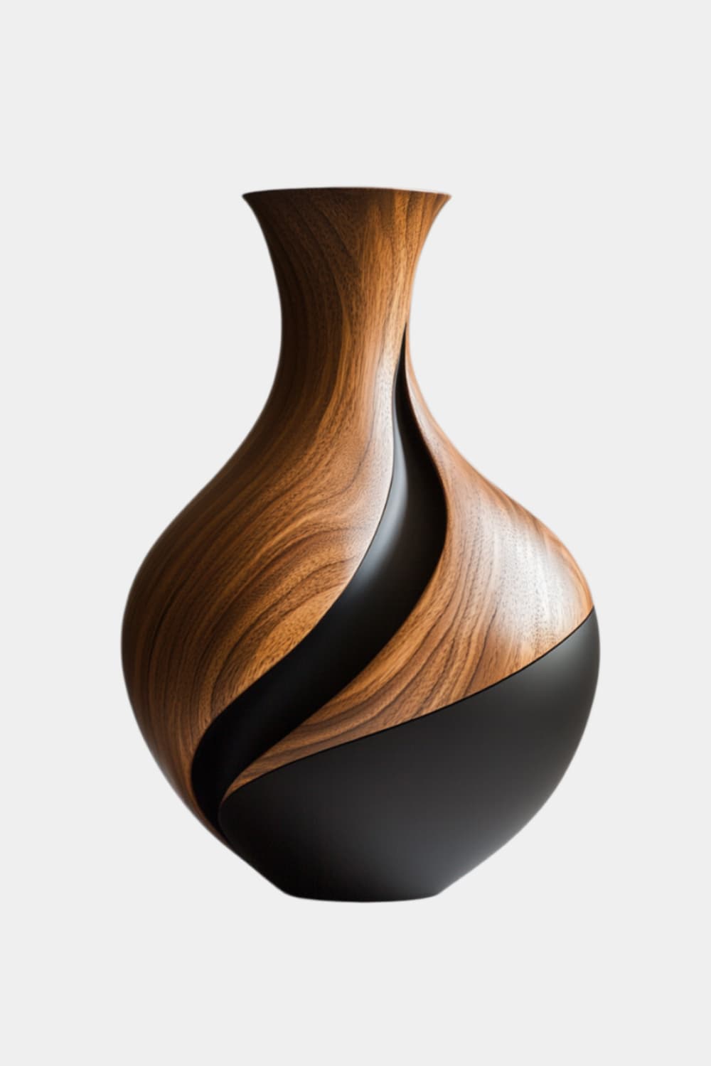 Two-Tone Wood Vase Sculpture | Modern Walnut & Black Vessel | Centerpiece Decor