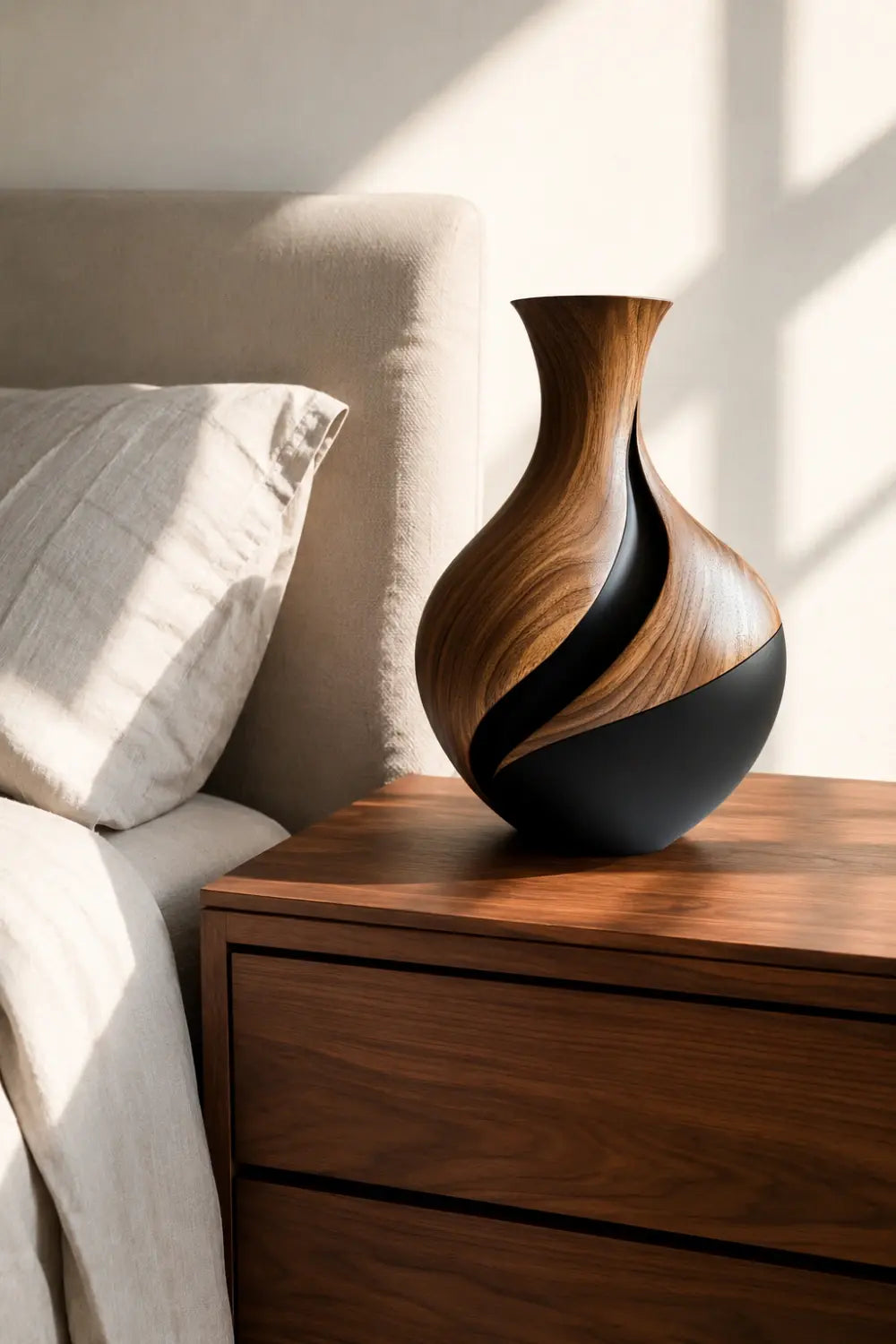 Two-Tone Wood Vase Sculpture | Modern Walnut & Black Vessel | Centerpiece Decor