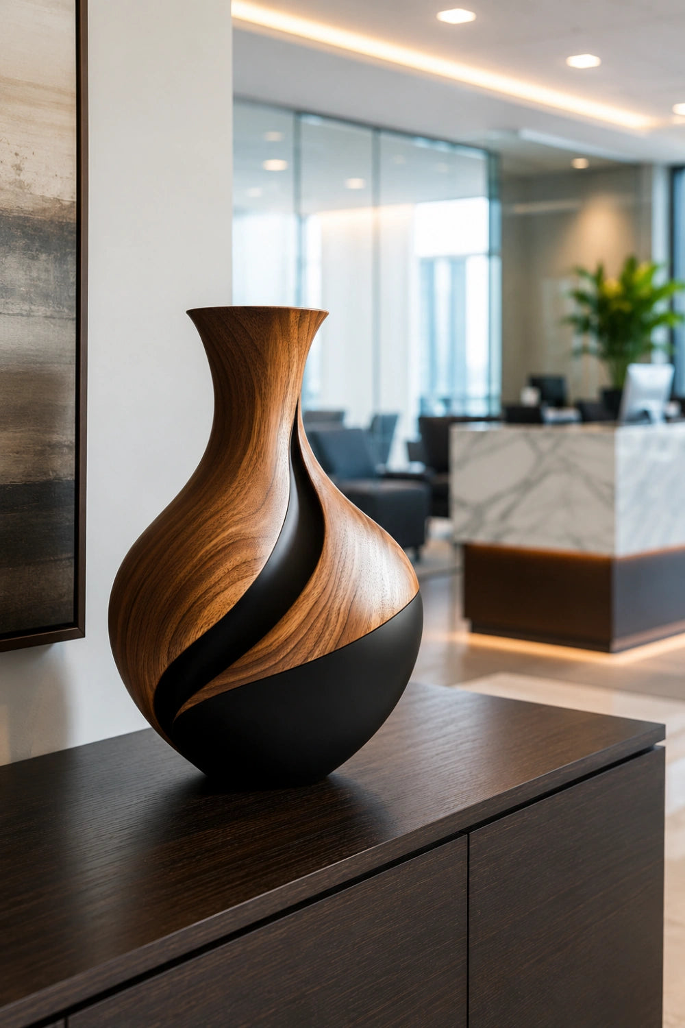 Two-Tone Wood Vase Sculpture | Modern Walnut & Black Vessel | Centerpiece Decor