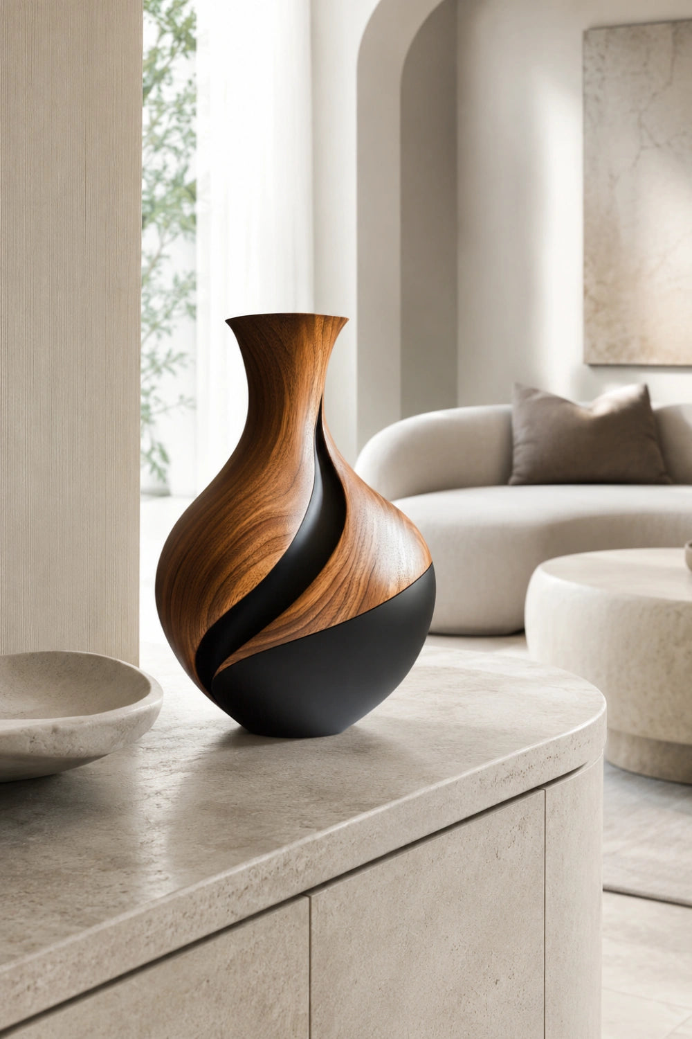 Two-Tone Wood Vase Sculpture | Modern Walnut & Black Vessel | Centerpiece Decor