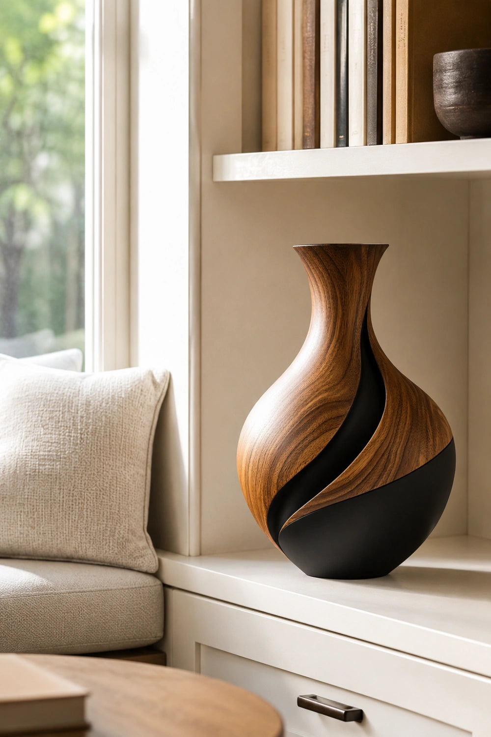Two-Tone Wood Vase Sculpture | Modern Walnut & Black Vessel | Centerpiece Decor