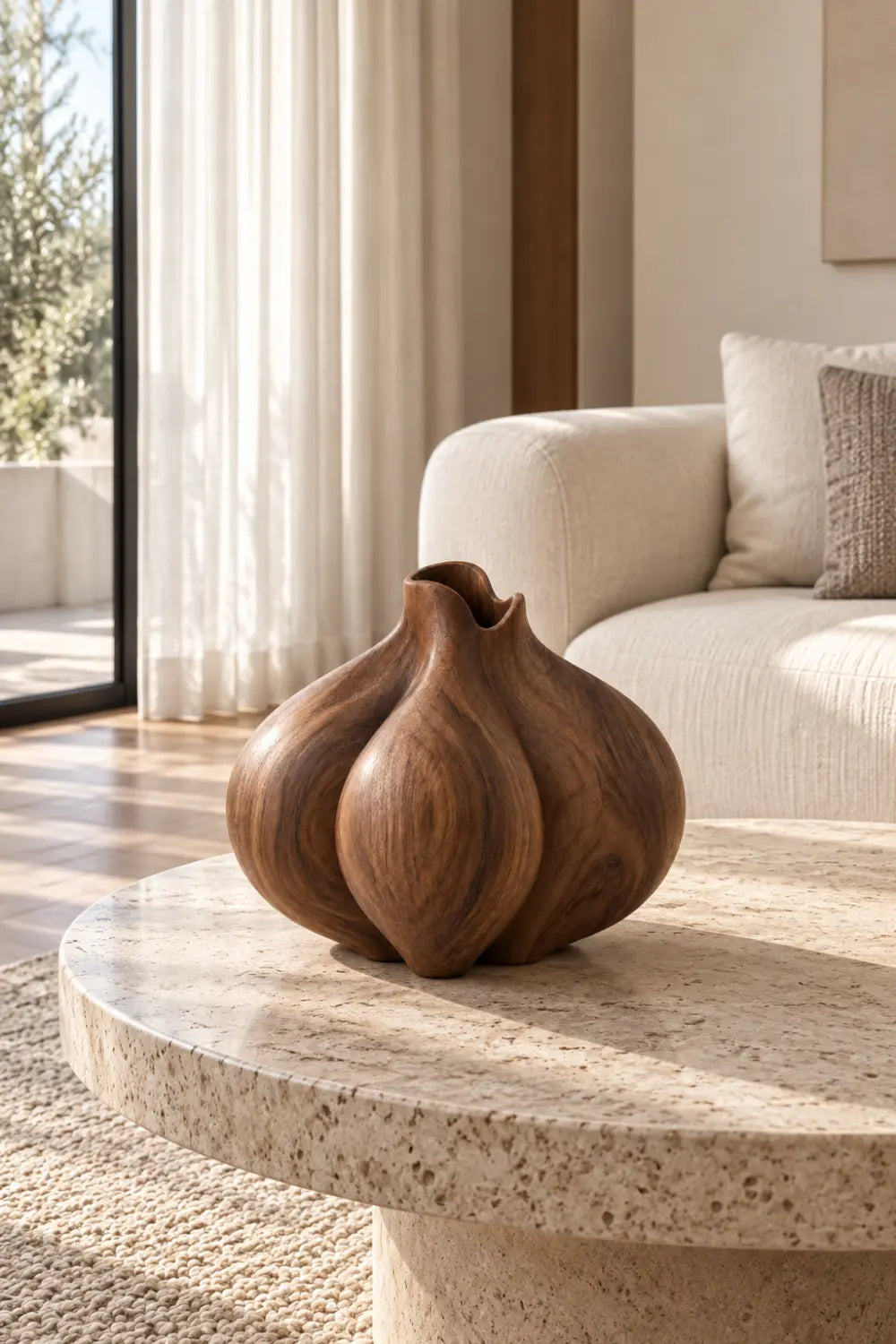 Carved Wooden Garlic Bulb Vase | Multi-Lobed Organic Vessel Accent Decor
