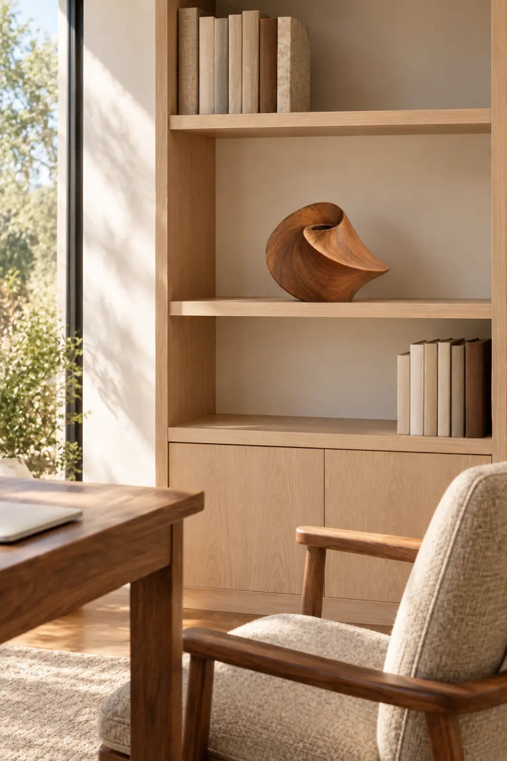 Sculptural Swirling Wooden Vase | Modern Helical Shell Vessel Tabletop Decor