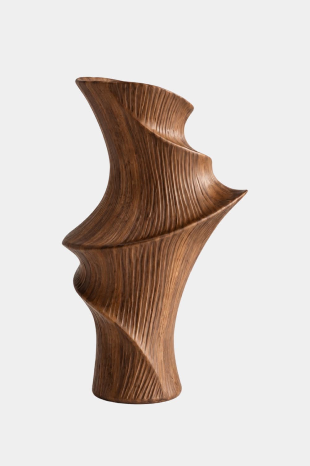 Twisted Fluted Wooden Vase Sculpture | Striated Spiral Vessel Accent Decor