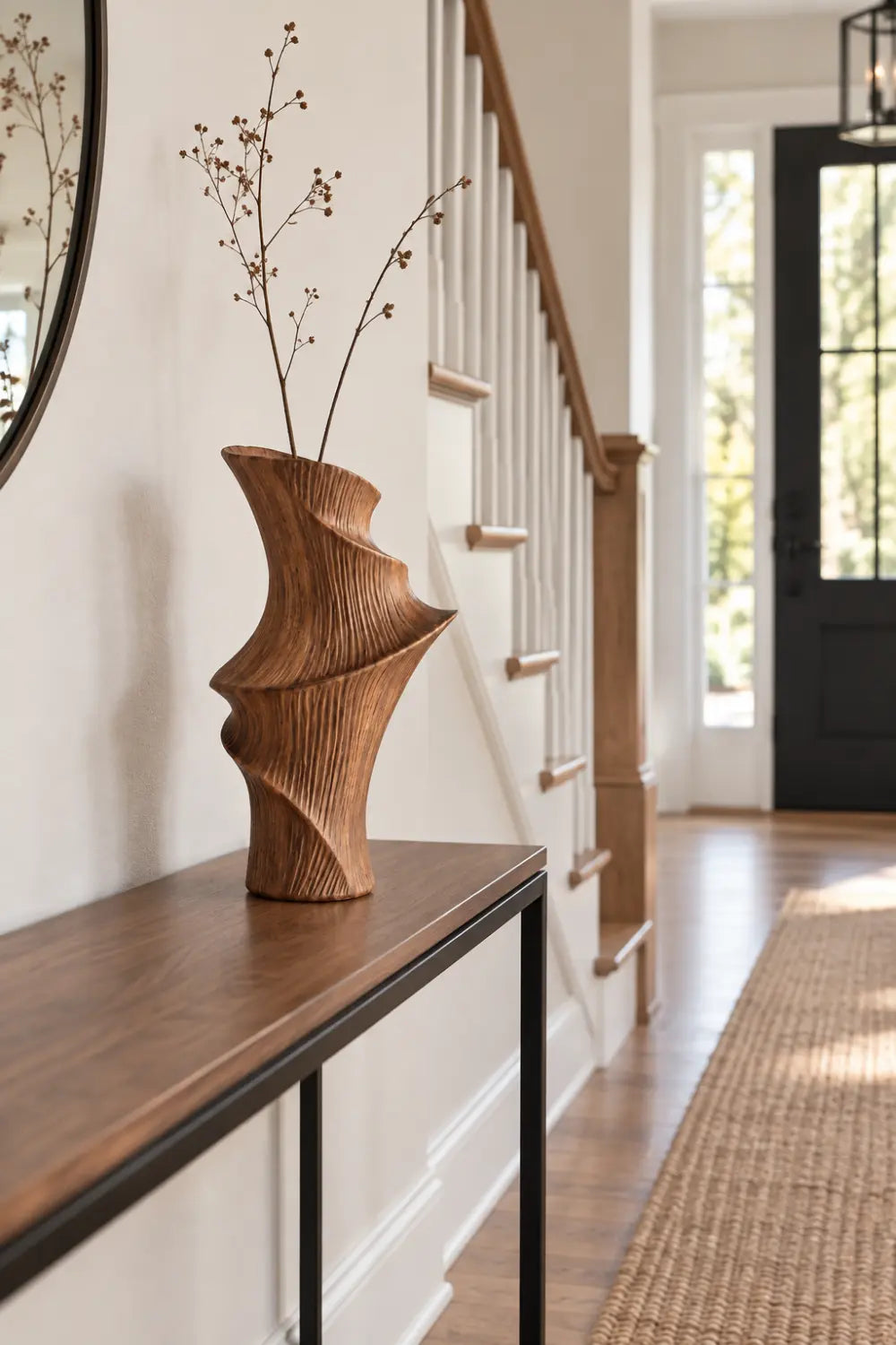 Twisted Fluted Wooden Vase Sculpture | Striated Spiral Vessel Accent Decor