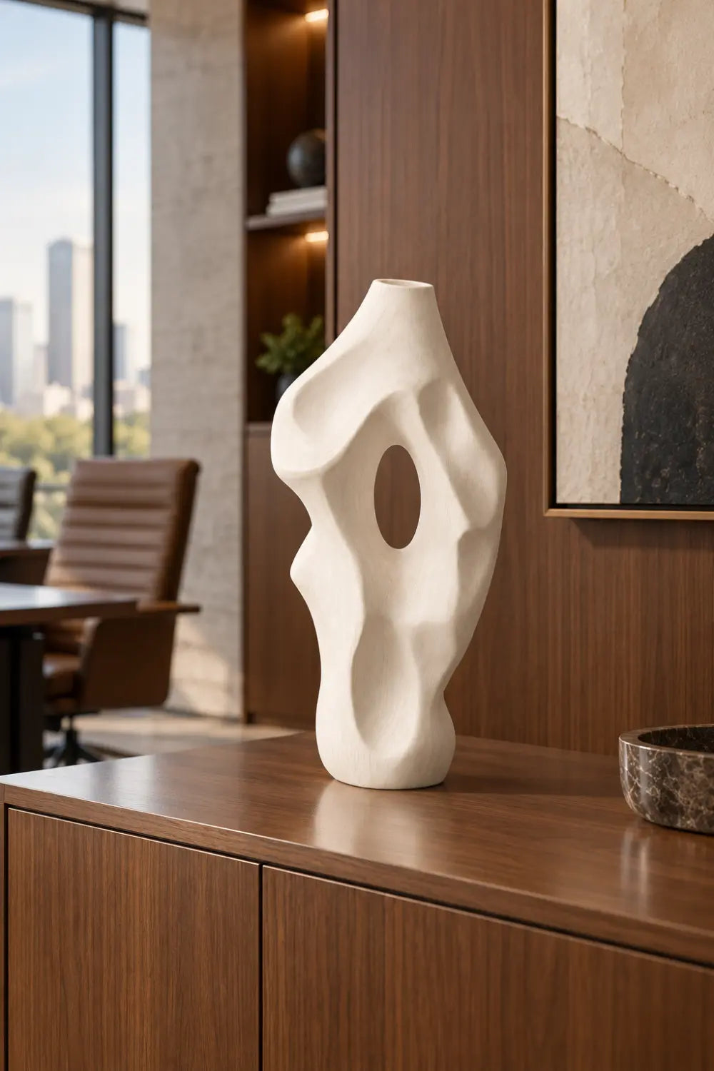 Minimalist Bleached Wooden Vase Sculpture | Modern Hollow Biomorphic Vessel Decor