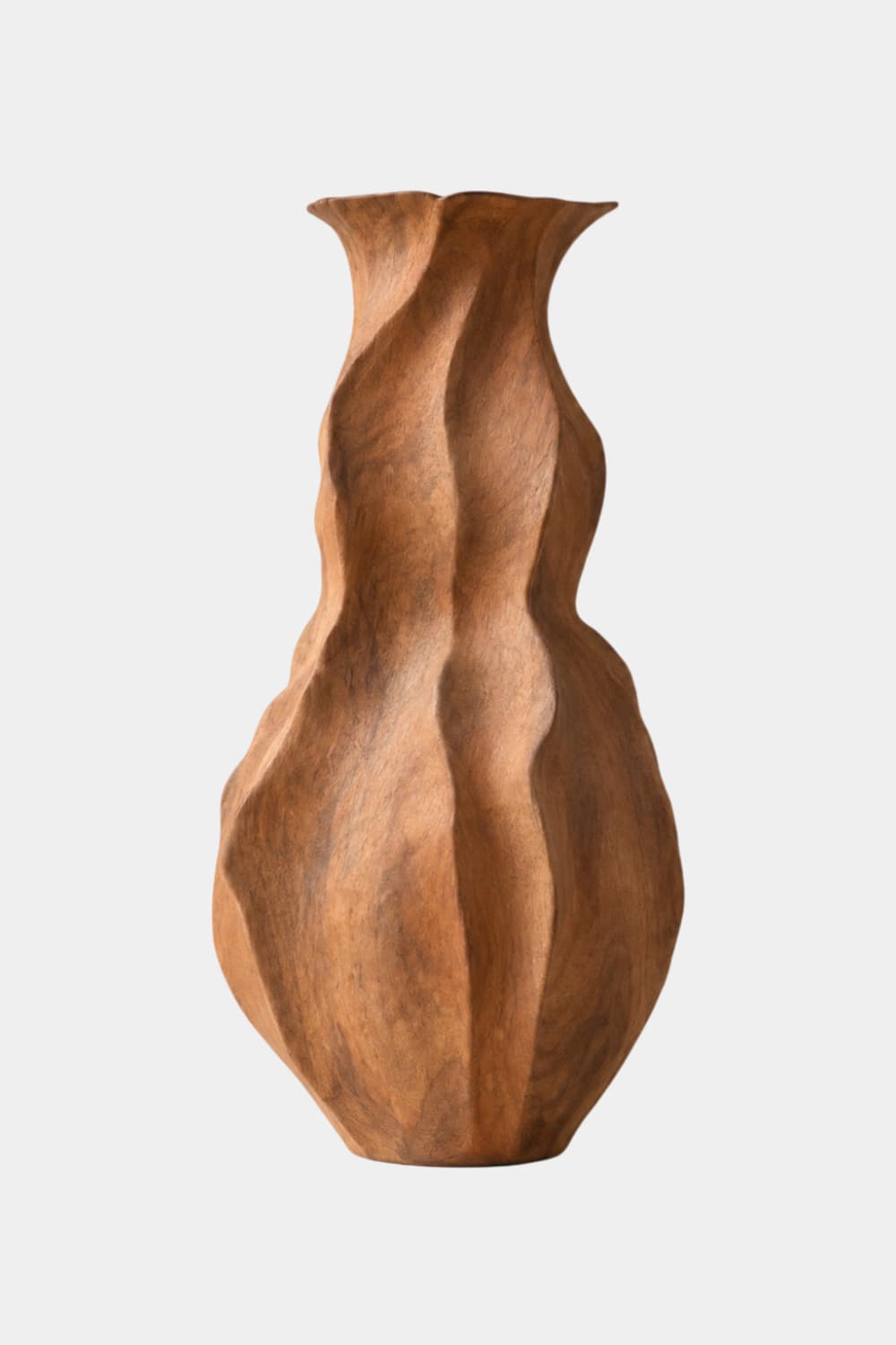 Wavy Fluted Wooden Vase Sculpture | Organic Undulating Vessel Tabletop Decor