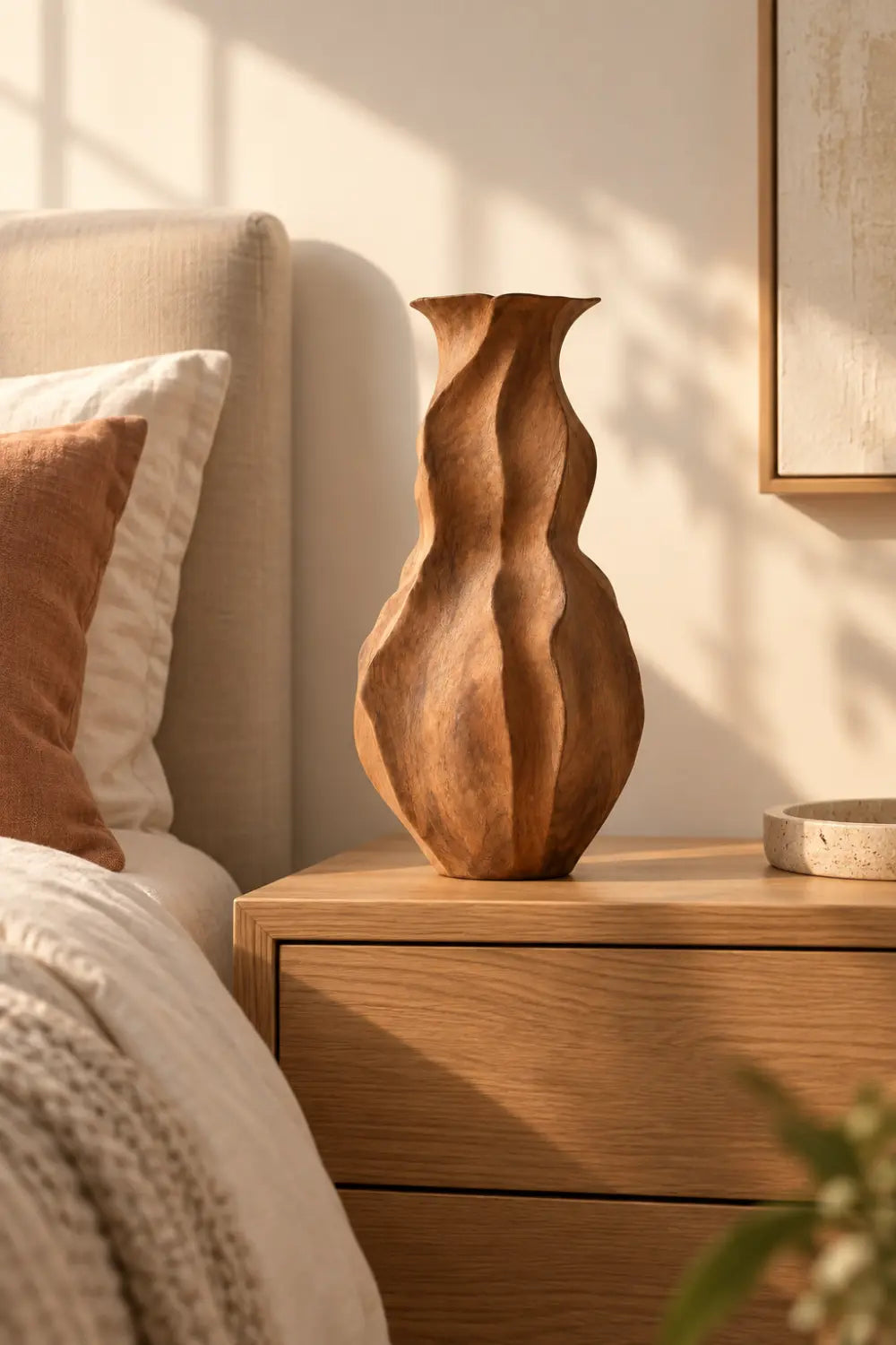 Wavy Fluted Wooden Vase Sculpture | Organic Undulating Vessel Tabletop Decor