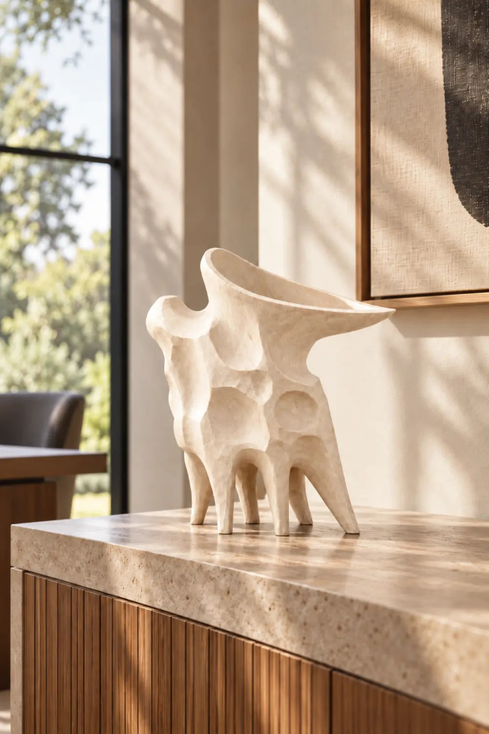 Hand Carved Light Wood Vase Sculpture | Abstract Asymmetrical Vessel Home Decor