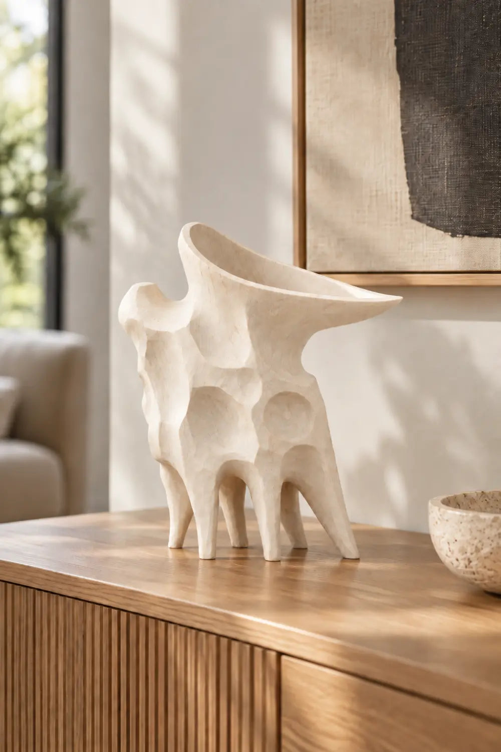 Hand Carved Light Wood Vase Sculpture | Abstract Asymmetrical Vessel Home Decor