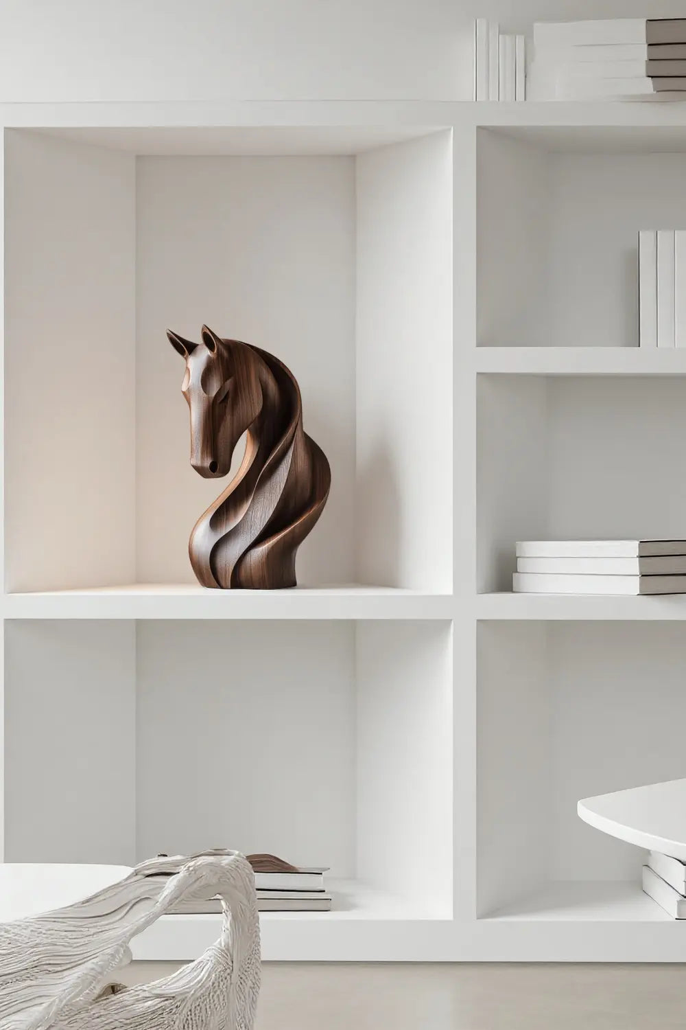 Modern Abstract Wood Horse Statue Handcrafted Walnut Wooden Sculpture