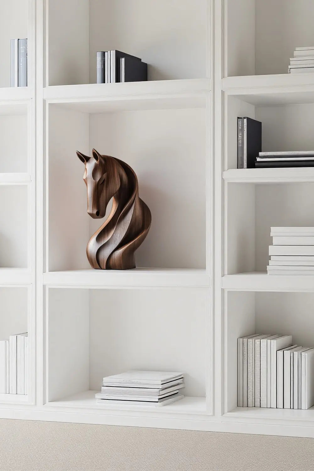 Modern Abstract Wood Horse Statue Handcrafted Walnut Wooden Sculpture