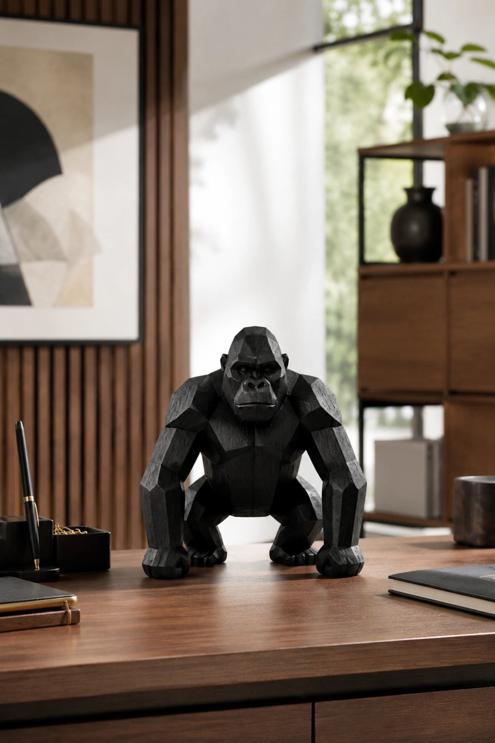 Hand-Carved Geometric Gorilla Wood Sculpture Modern Abstract Animal Art For Home Decor