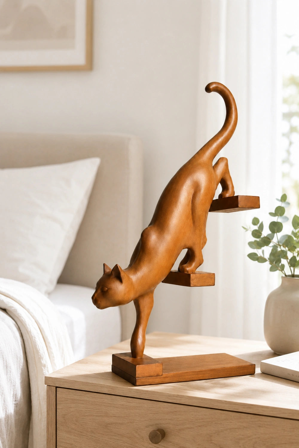 Hand-Carved Wooden Cat Sculpture Modern Abstract Animal Art For Home Decor