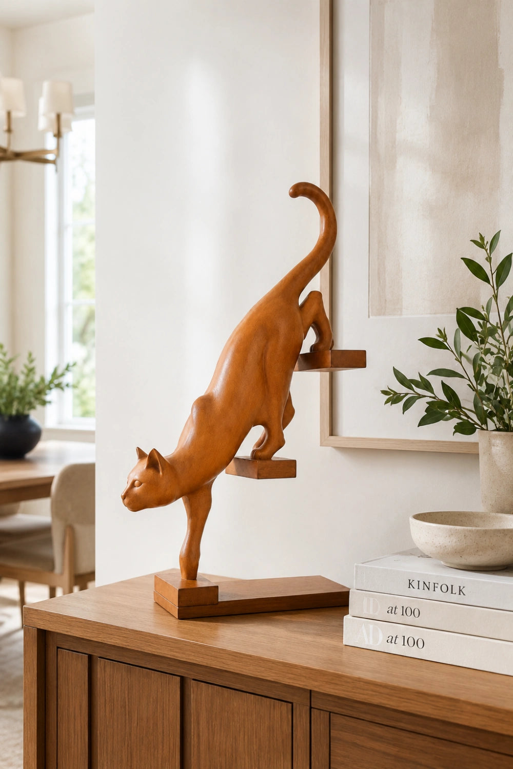 Hand-Carved Wooden Cat Sculpture Modern Abstract Animal Art For Home Decor