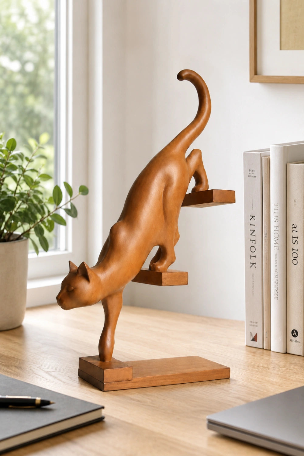 Hand-Carved Wooden Cat Sculpture Modern Abstract Animal Art For Home Decor