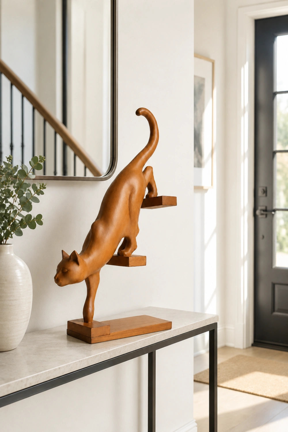 Hand-Carved Wooden Cat Sculpture Modern Abstract Animal Art For Home Decor