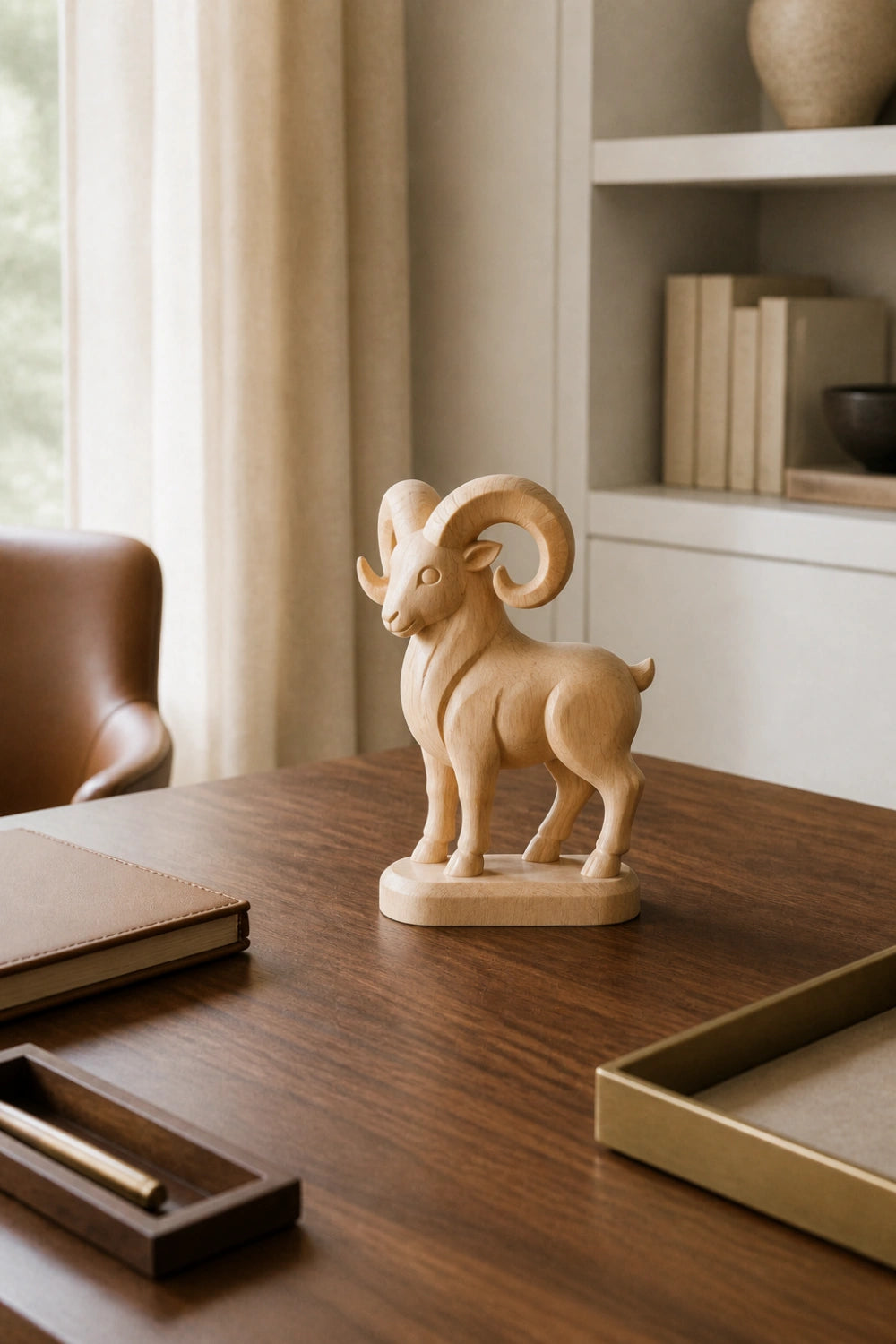 Hand-Carved Wooden Ram Sculpture Abstract Animal Art For Modern Home Decor