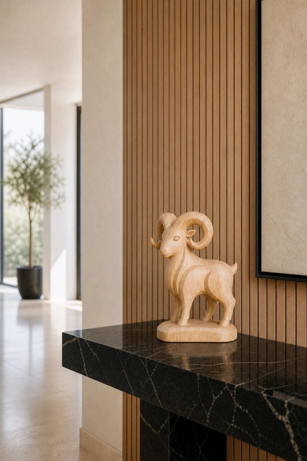 Hand-Carved Wooden Ram Sculpture Abstract Animal Art For Modern Home Decor