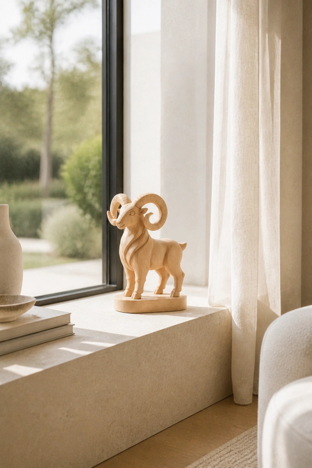 Hand-Carved Wooden Ram Sculpture Abstract Animal Art For Modern Home Decor