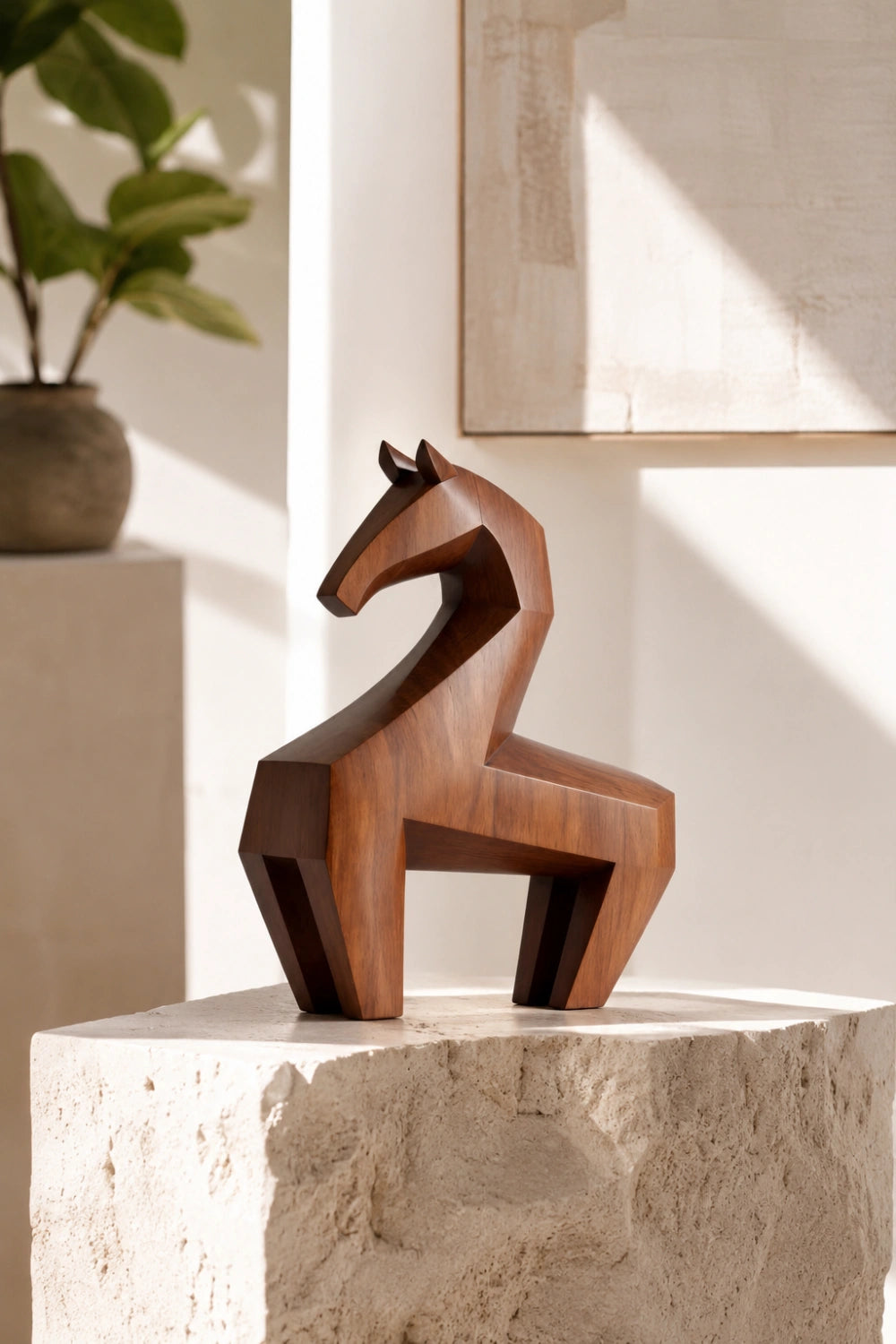 Handmade Abstract Wooden Horse Sculpture For Modern Home Decor
