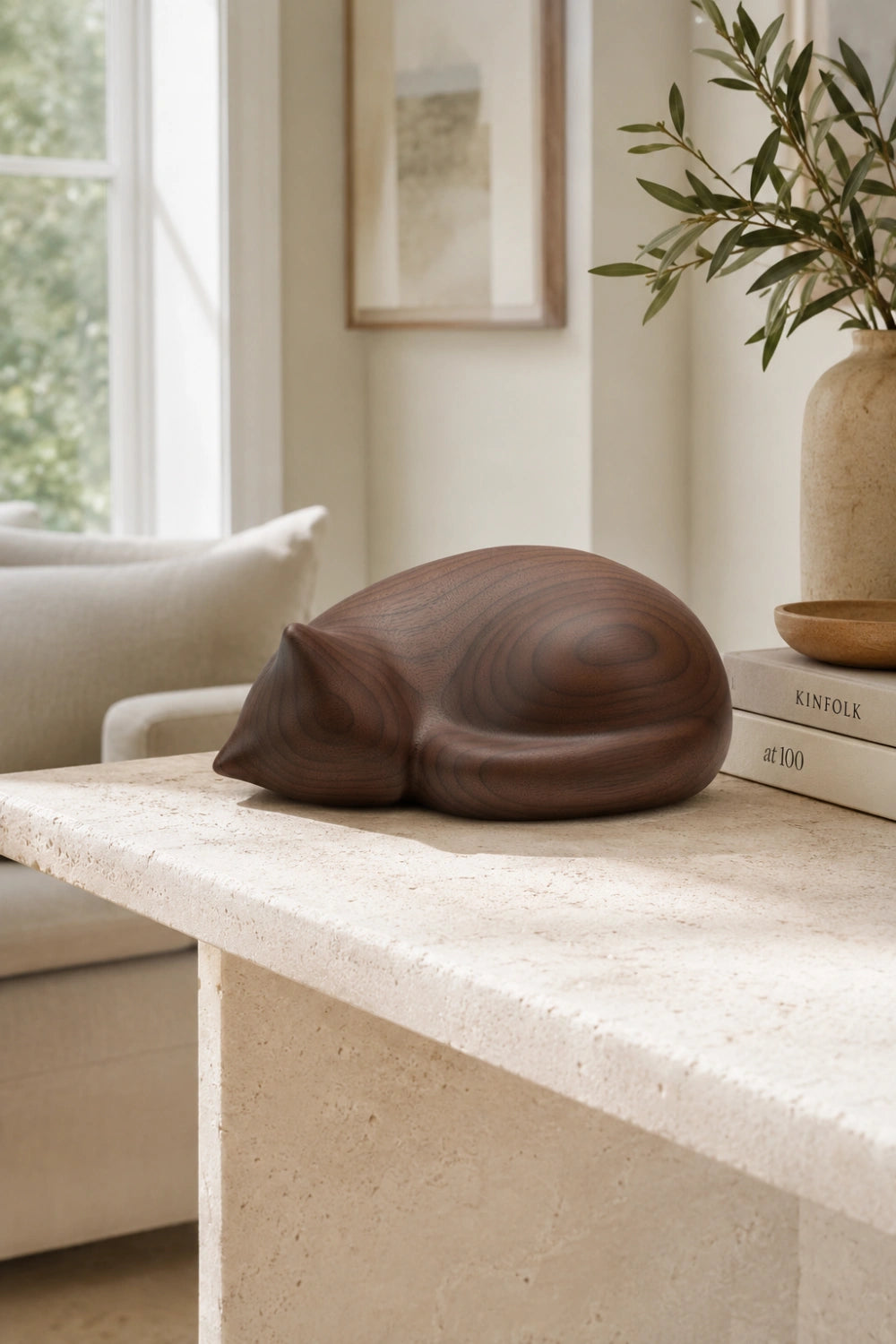 Minimalist Wood Cat Sculpture | Abstract Sleeping Figurine Decor