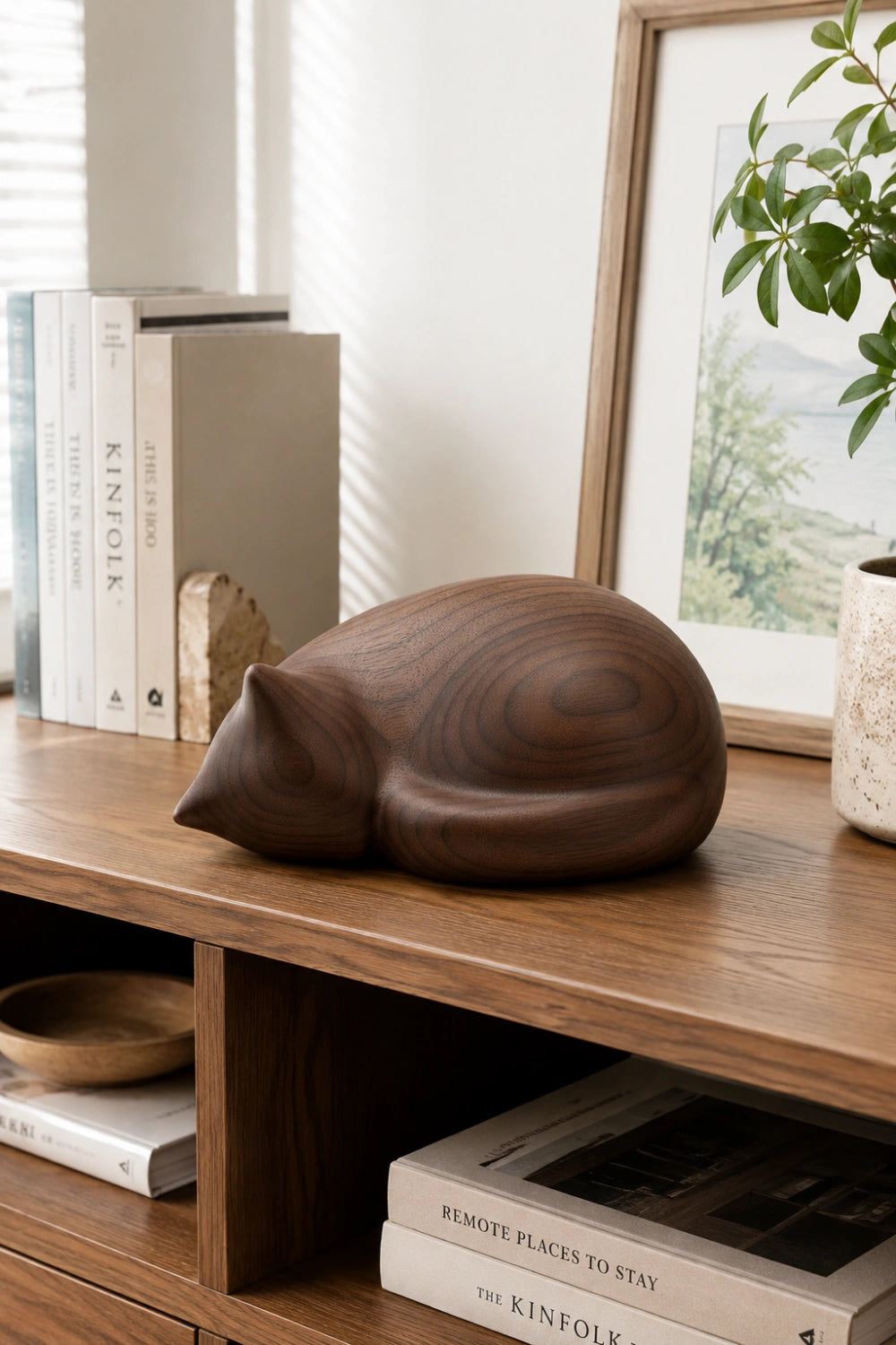 Minimalist Wood Cat Sculpture | Abstract Sleeping Figurine Decor