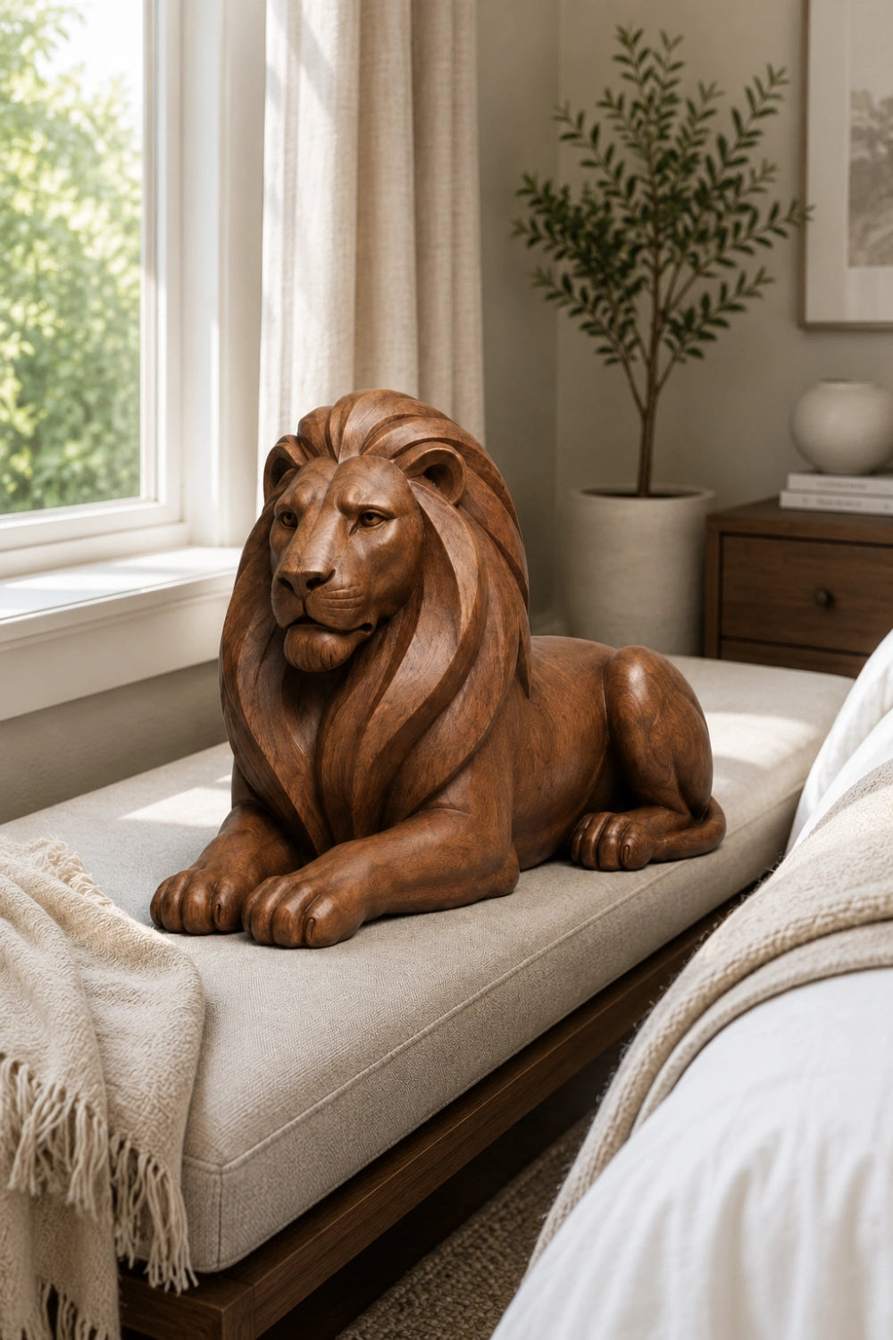 Artisanal Handcarved Wooden Lion | Majestic Lying Sculpture