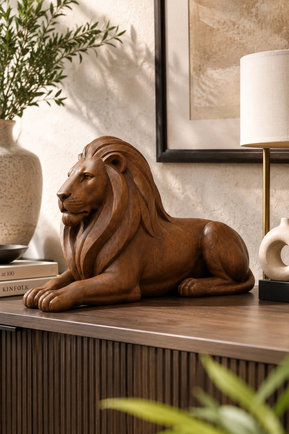 Artisanal Handcarved Wooden Lion | Majestic Lying Sculpture