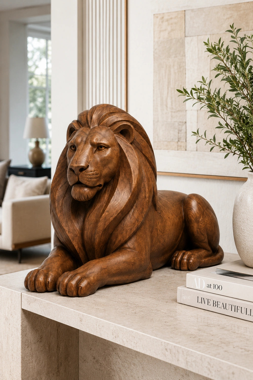 Artisanal Handcarved Wooden Lion | Majestic Lying Sculpture
