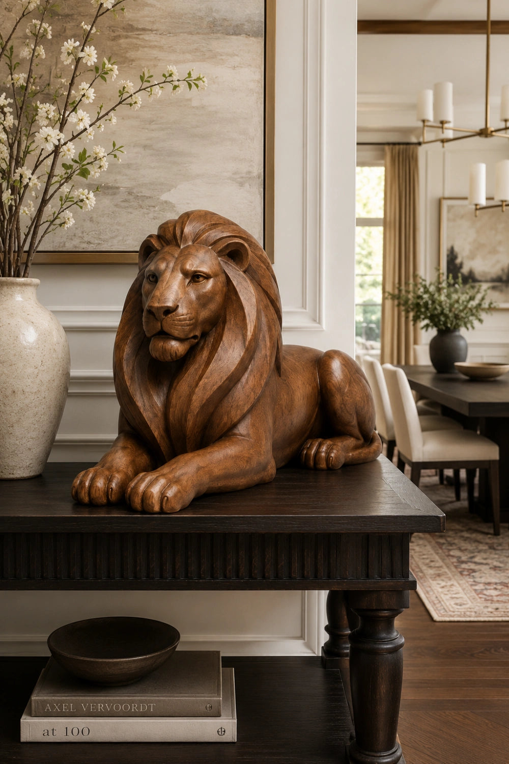 Artisanal Handcarved Wooden Lion | Majestic Lying Sculpture