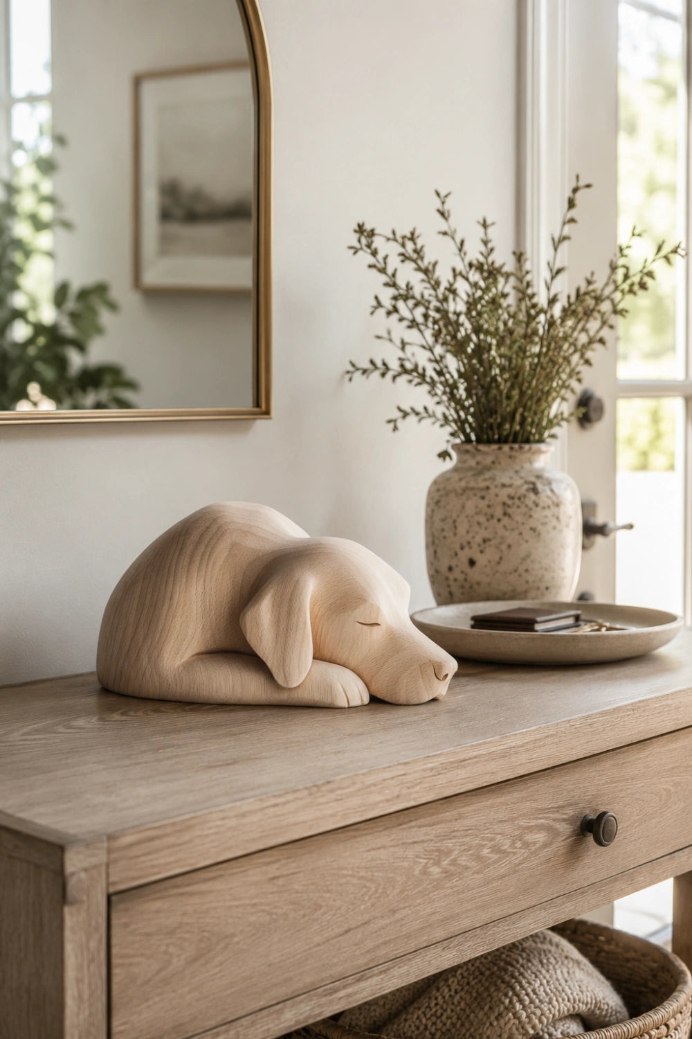Serene Light Wood Dog Statuette | Peaceful Pet Remembrance Gift