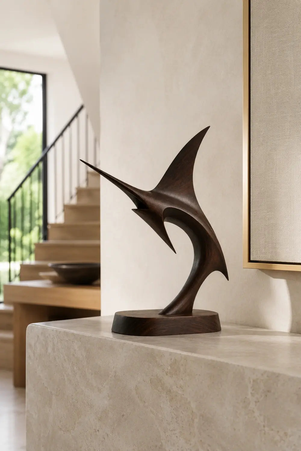 Fluid Abstract Wood Sailfish Statue | Sleek Nautical Decor Premium Gift