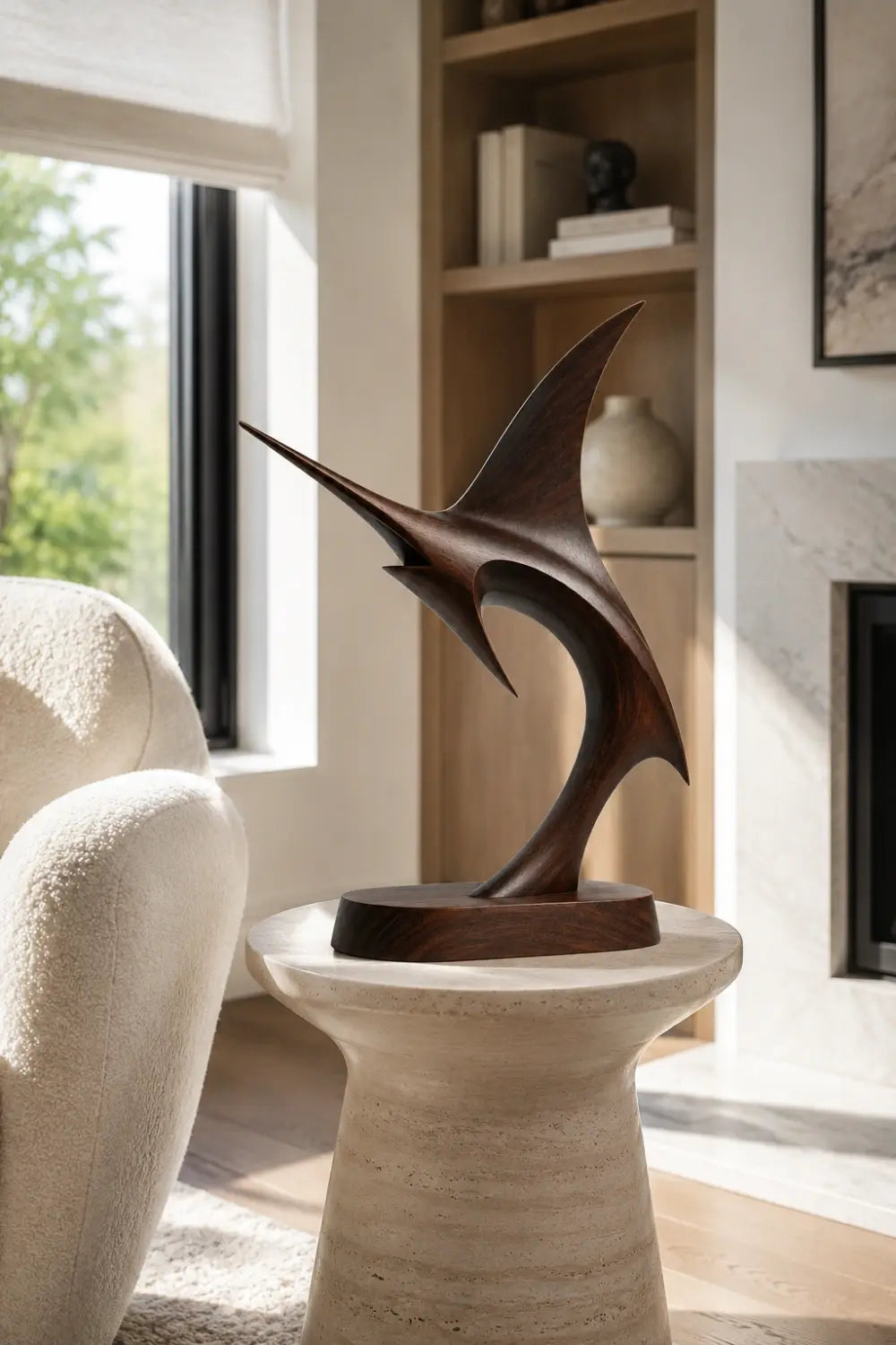 Fluid Abstract Wood Sailfish Statue | Sleek Nautical Decor Premium Gift