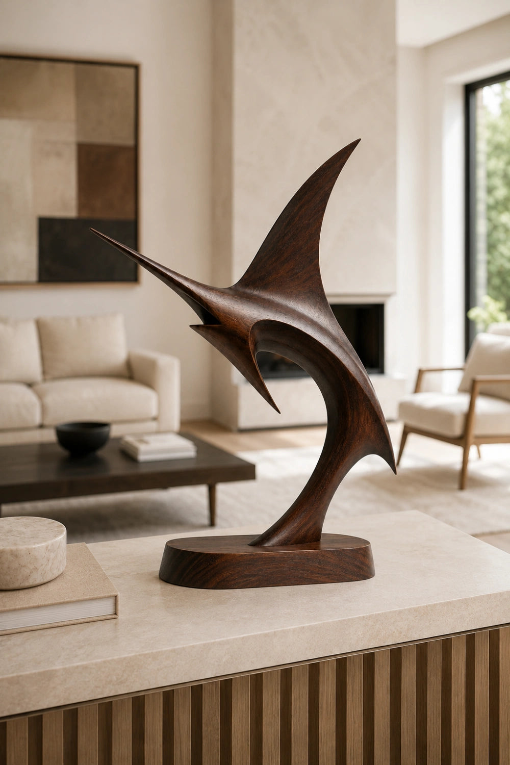 Fluid Abstract Wood Sailfish Statue | Sleek Nautical Decor Premium Gift