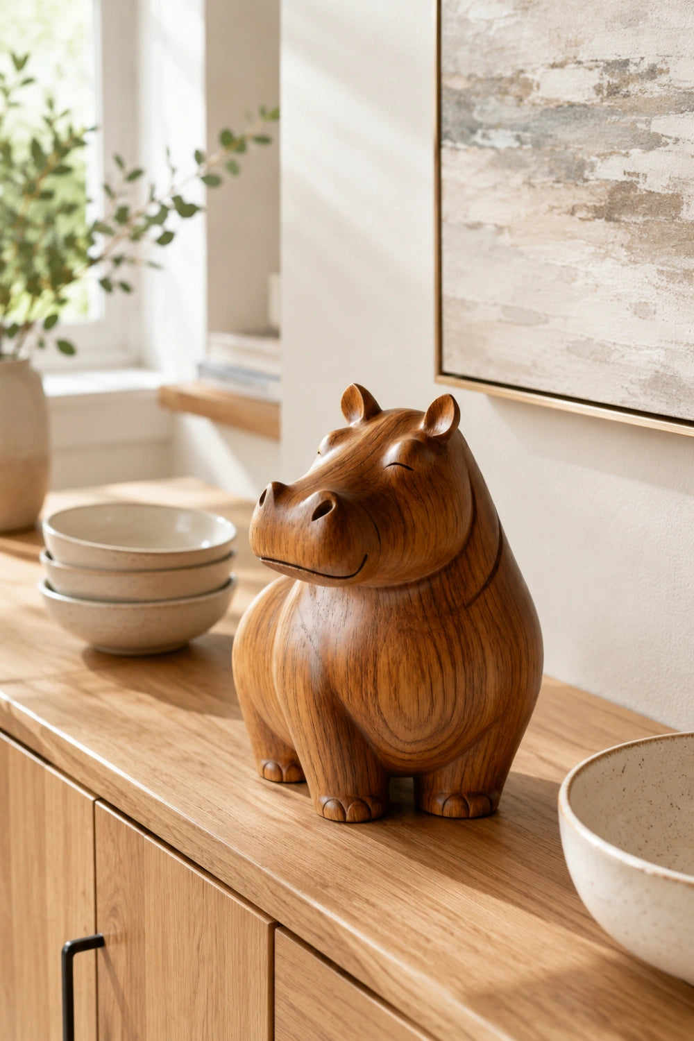 Whimsical Wood Hippo Figurine | Minimalist Animal Decor | Charming Gift Idea